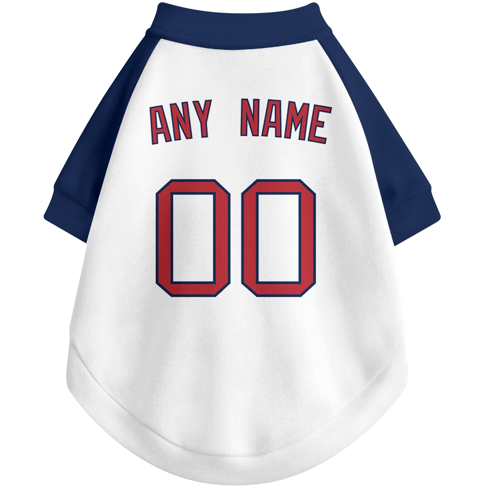 Back view of custom baseball-style dog jersey in White and Navy colors with personalized name and number
