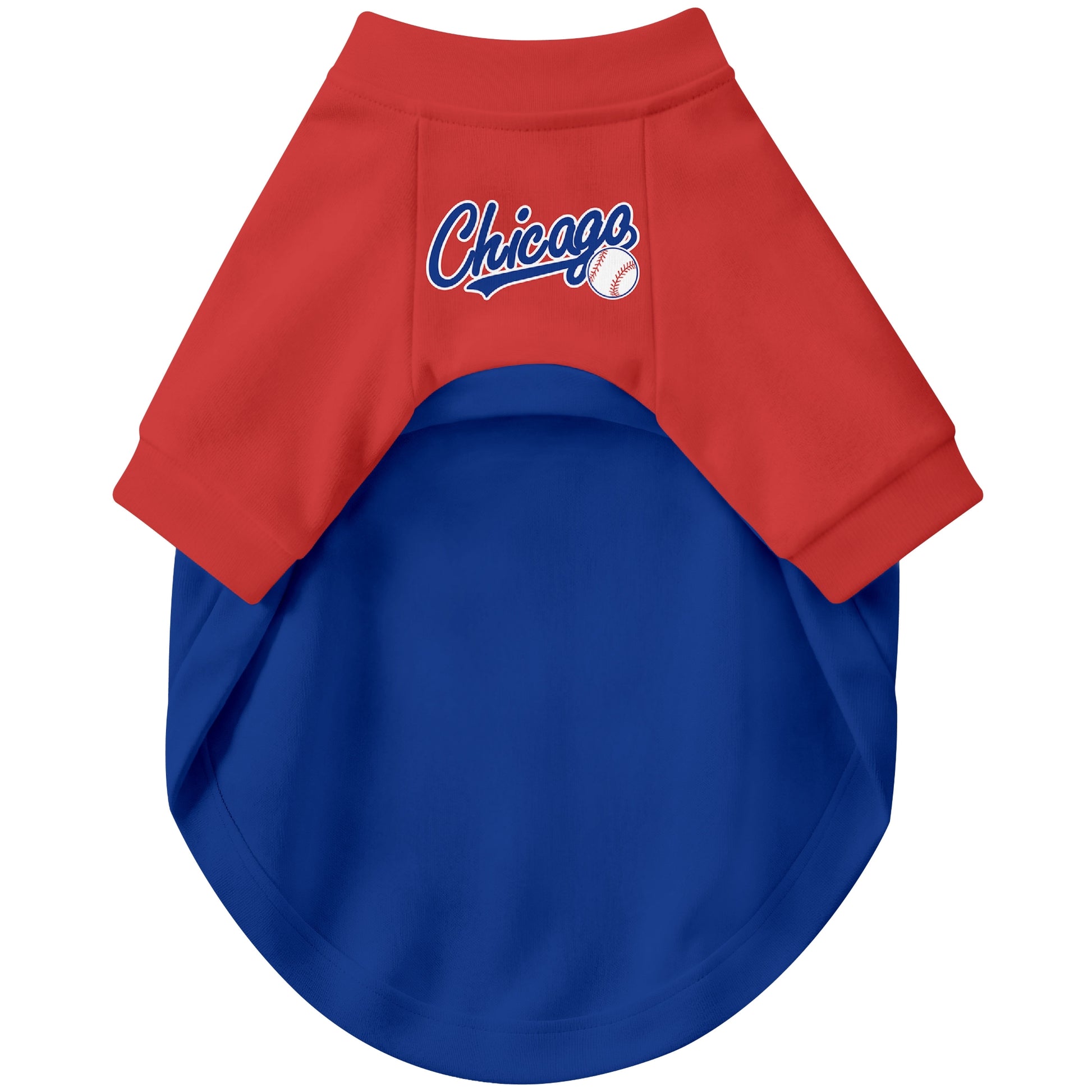 Front view of custom baseball-style dog jersey in Royal and White colors