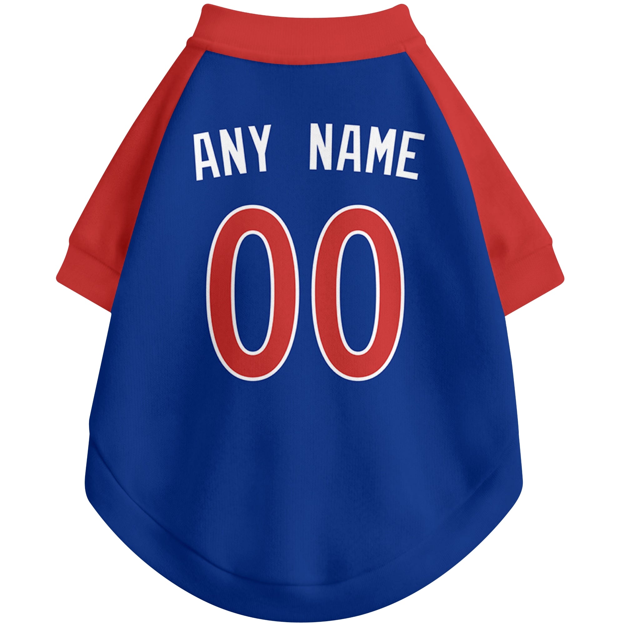 Back view of custom baseball-style dog jersey in Royal and White colors with personalized name and number