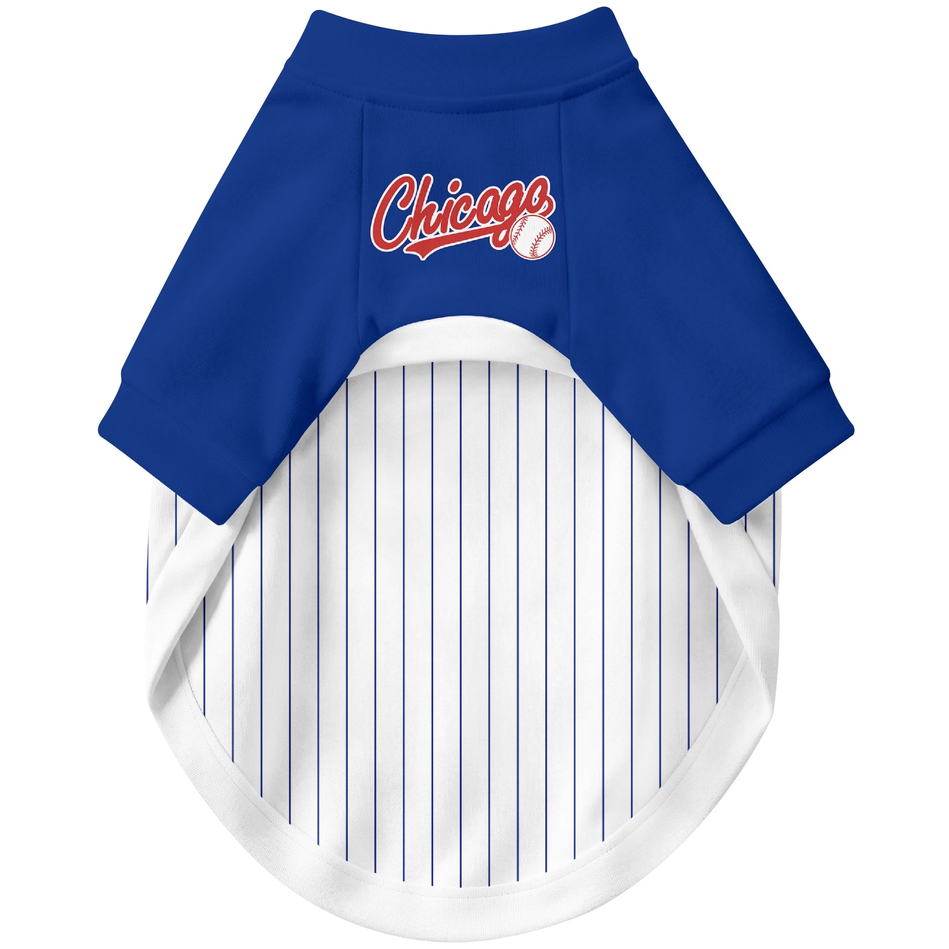 Front view of custom baseball-style dog jersey in White and Royal colors