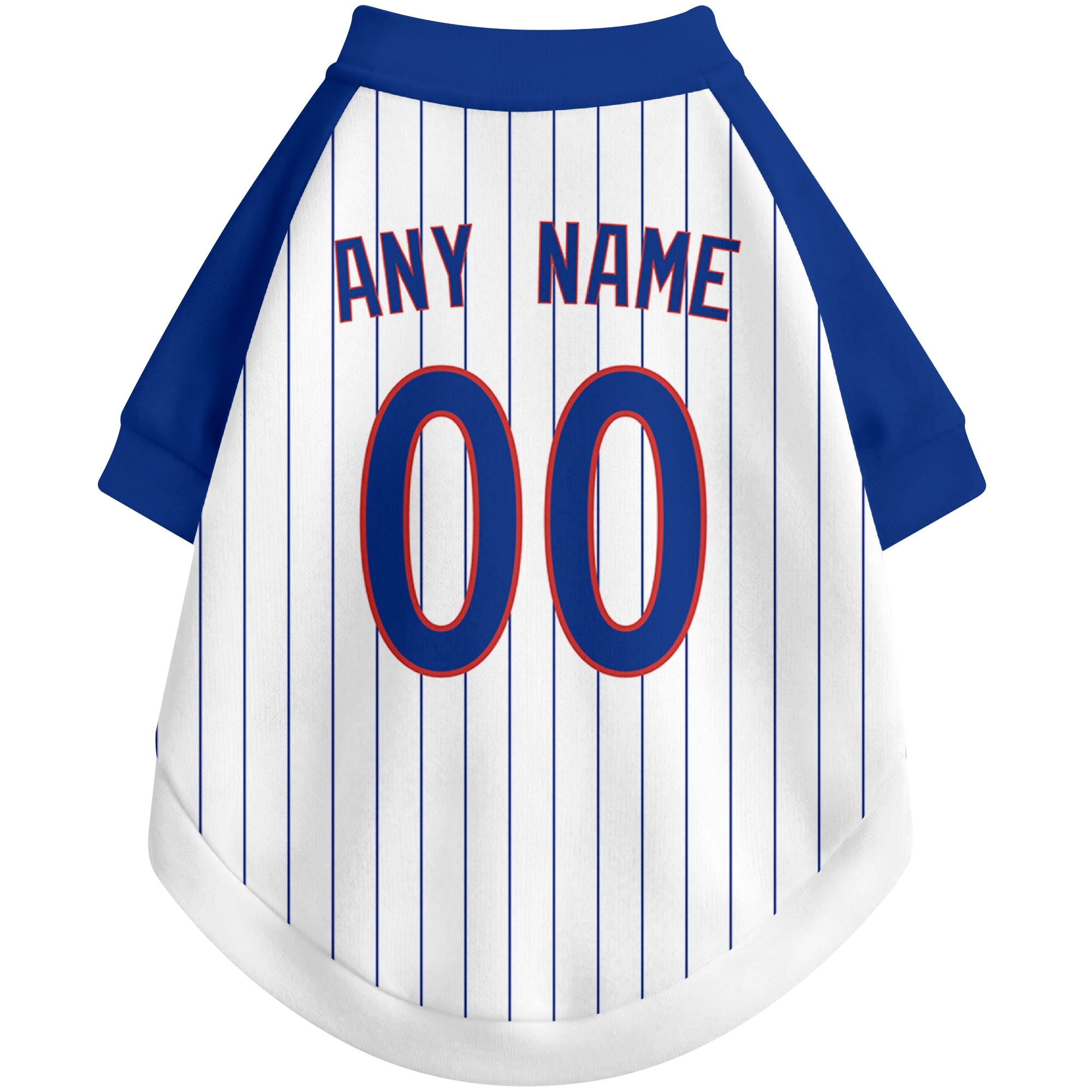 Back view of custom baseball-style dog jersey in White and Royal colors with personalized name and number