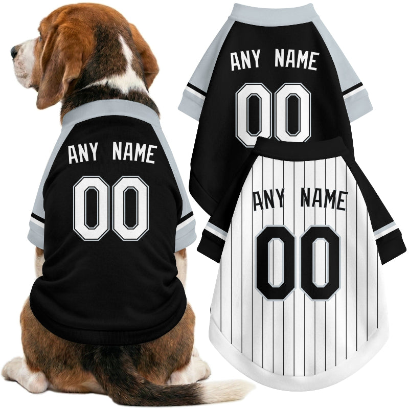 Dog wearing custom baseball-style jersey in Black and White colors with personalized name and number