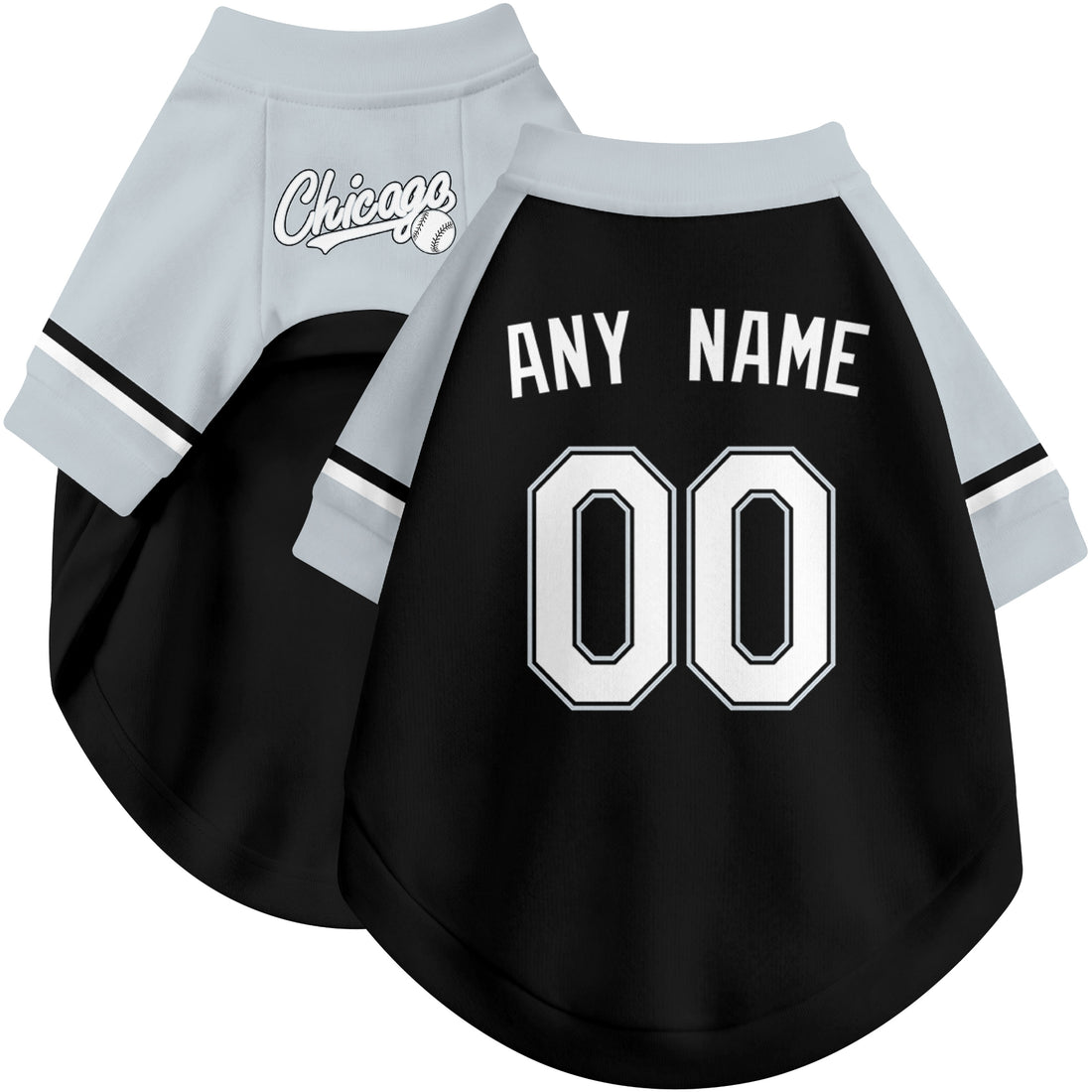 Dog wearing custom baseball-style jersey in Black and White colors with personalized name and number