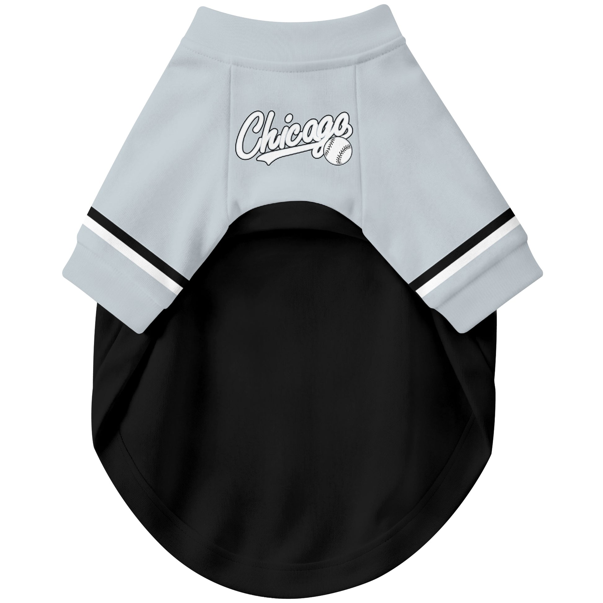 Front view of custom baseball-style dog jersey in Black and White colors