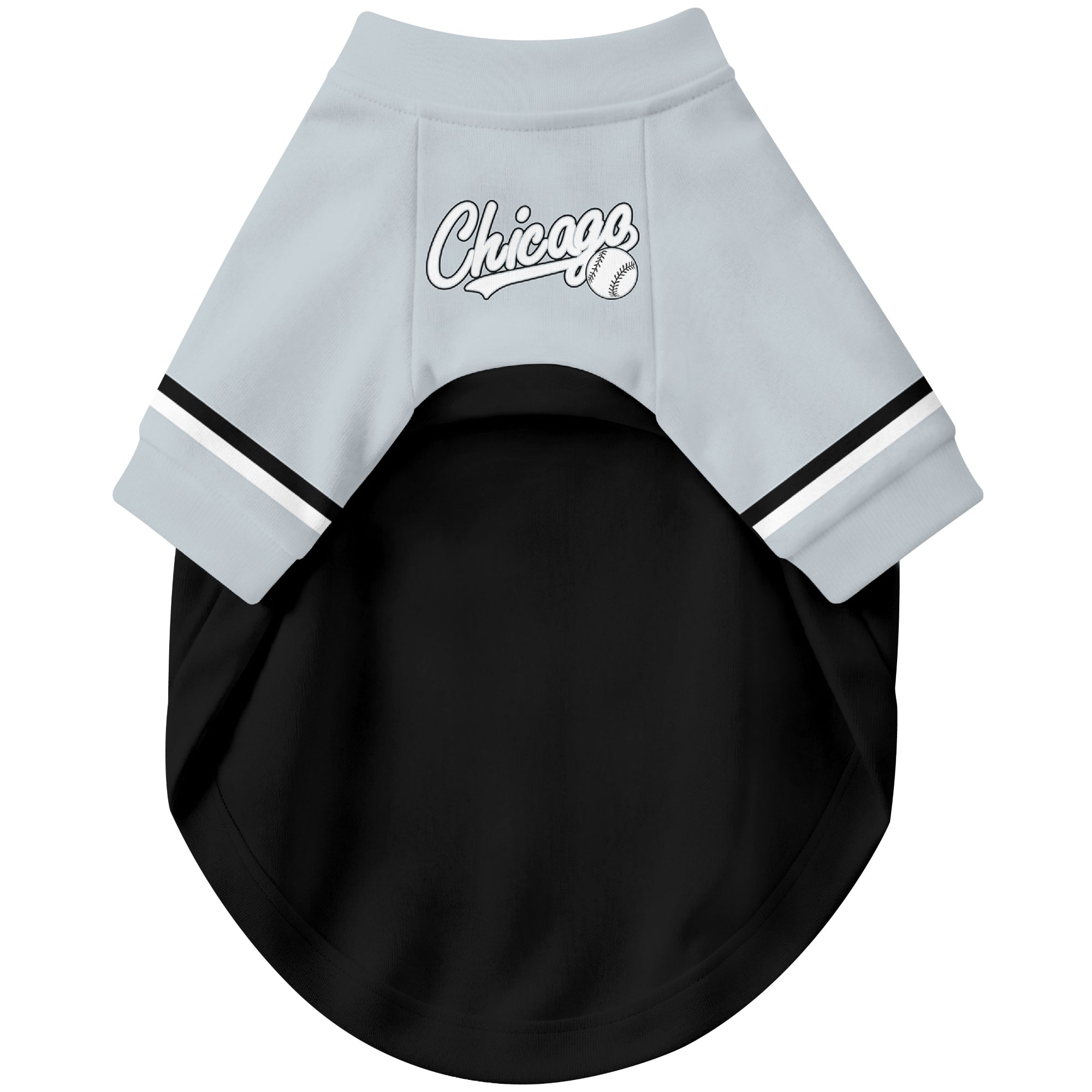 Front view of custom baseball-style dog jersey in Black and White colors
