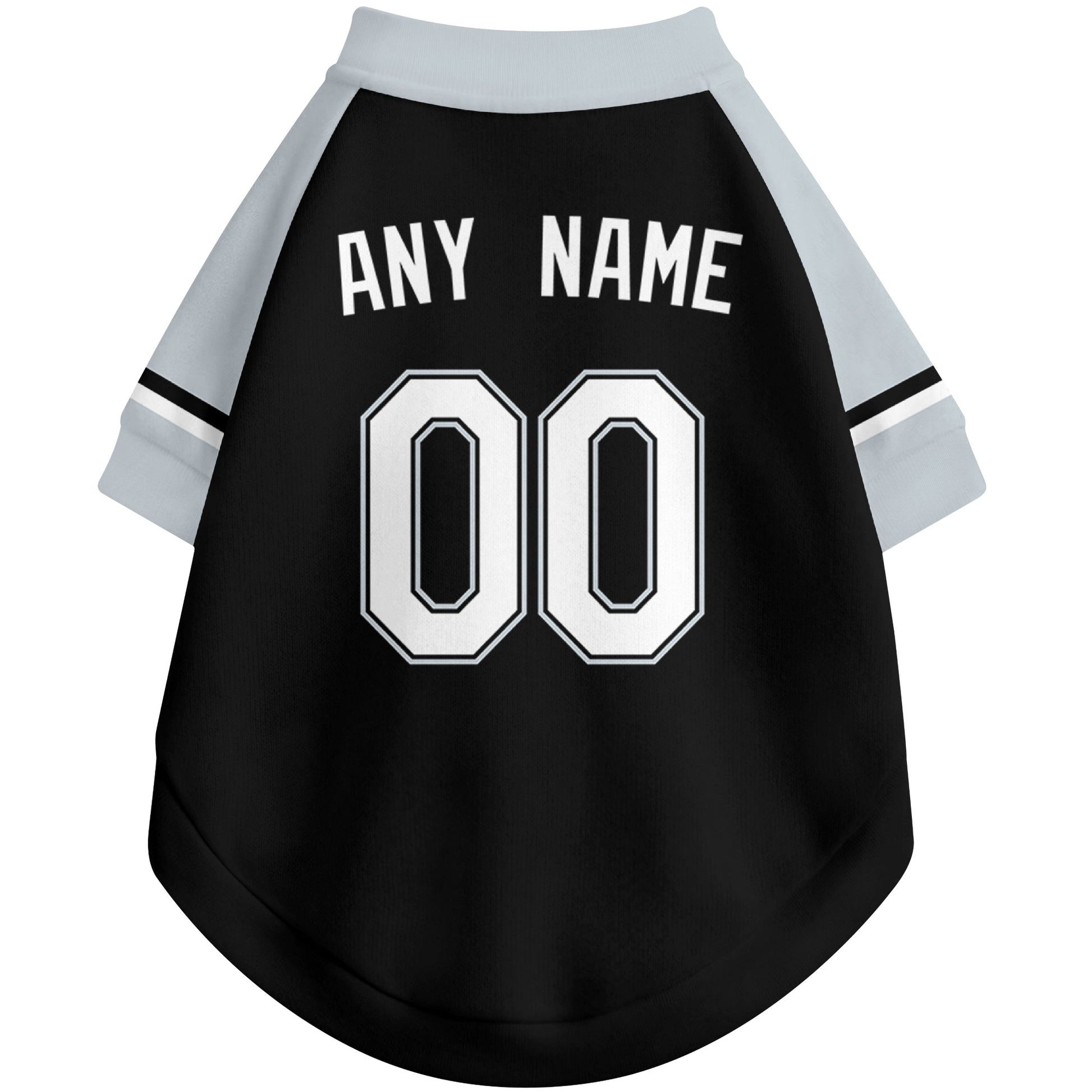 Back view of custom baseball-style dog jersey in Black and White colors with personalized name and number