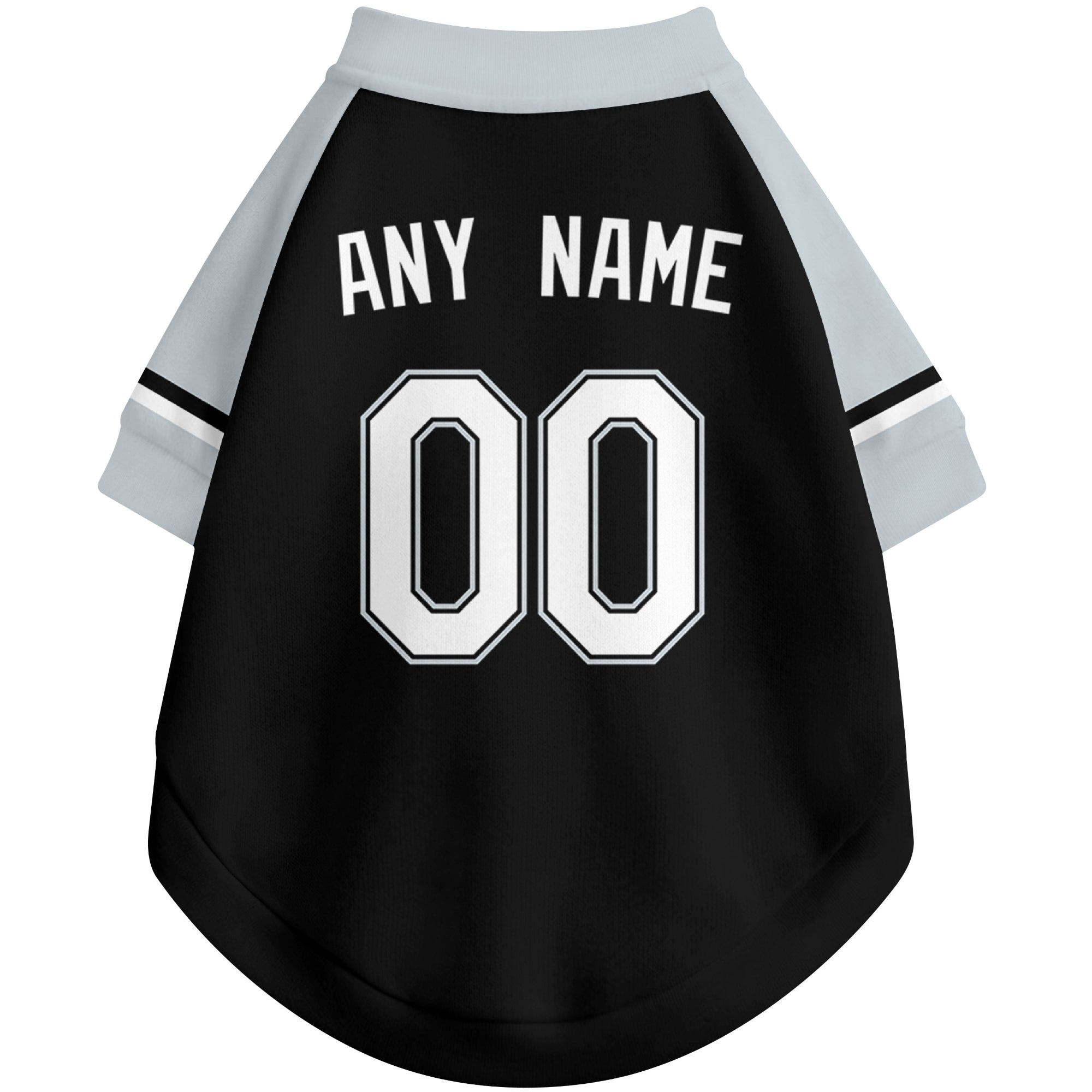 Back view of custom baseball-style dog jersey in Black and White colors with personalized name and number
