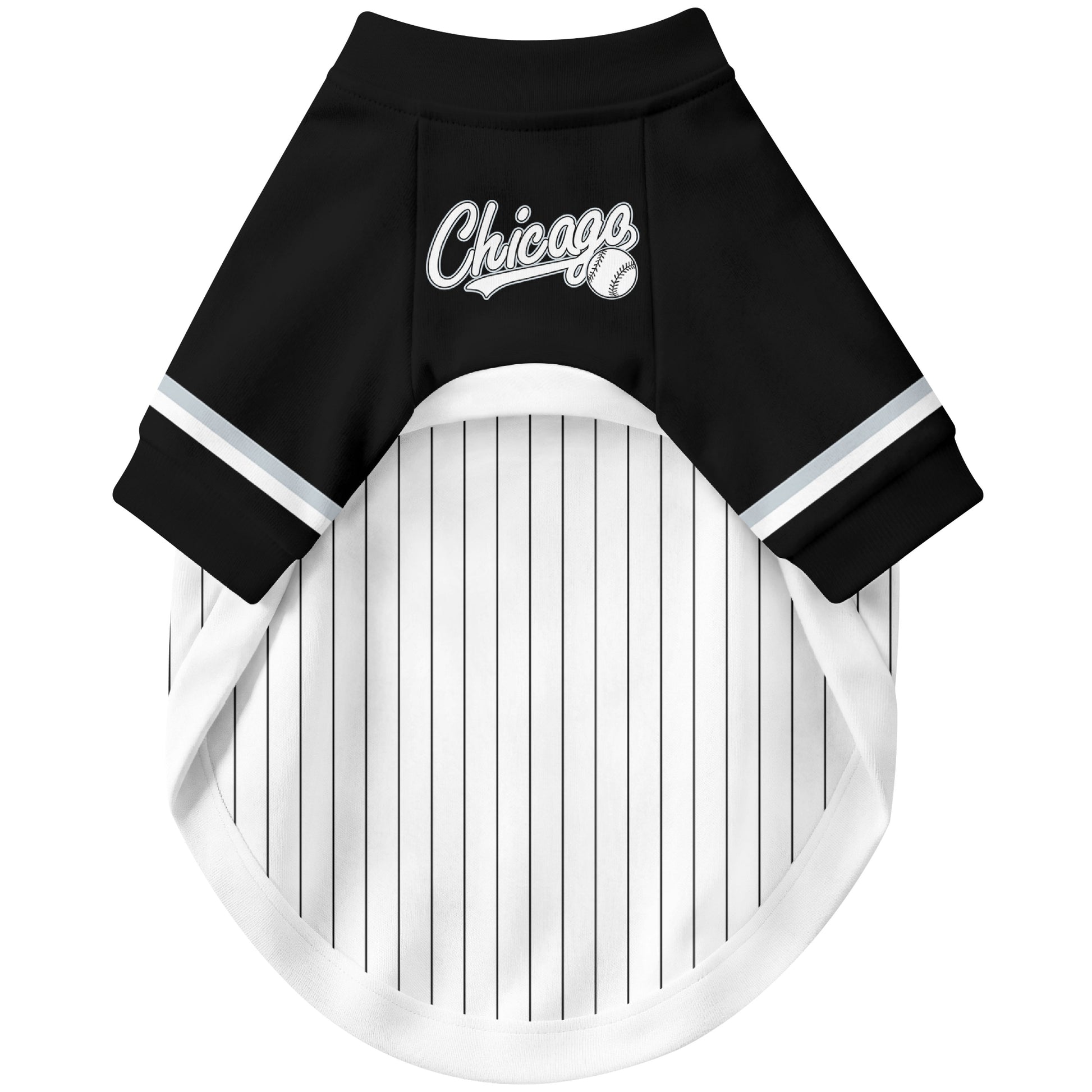 Front view of custom baseball-style dog jersey in White and Black colors