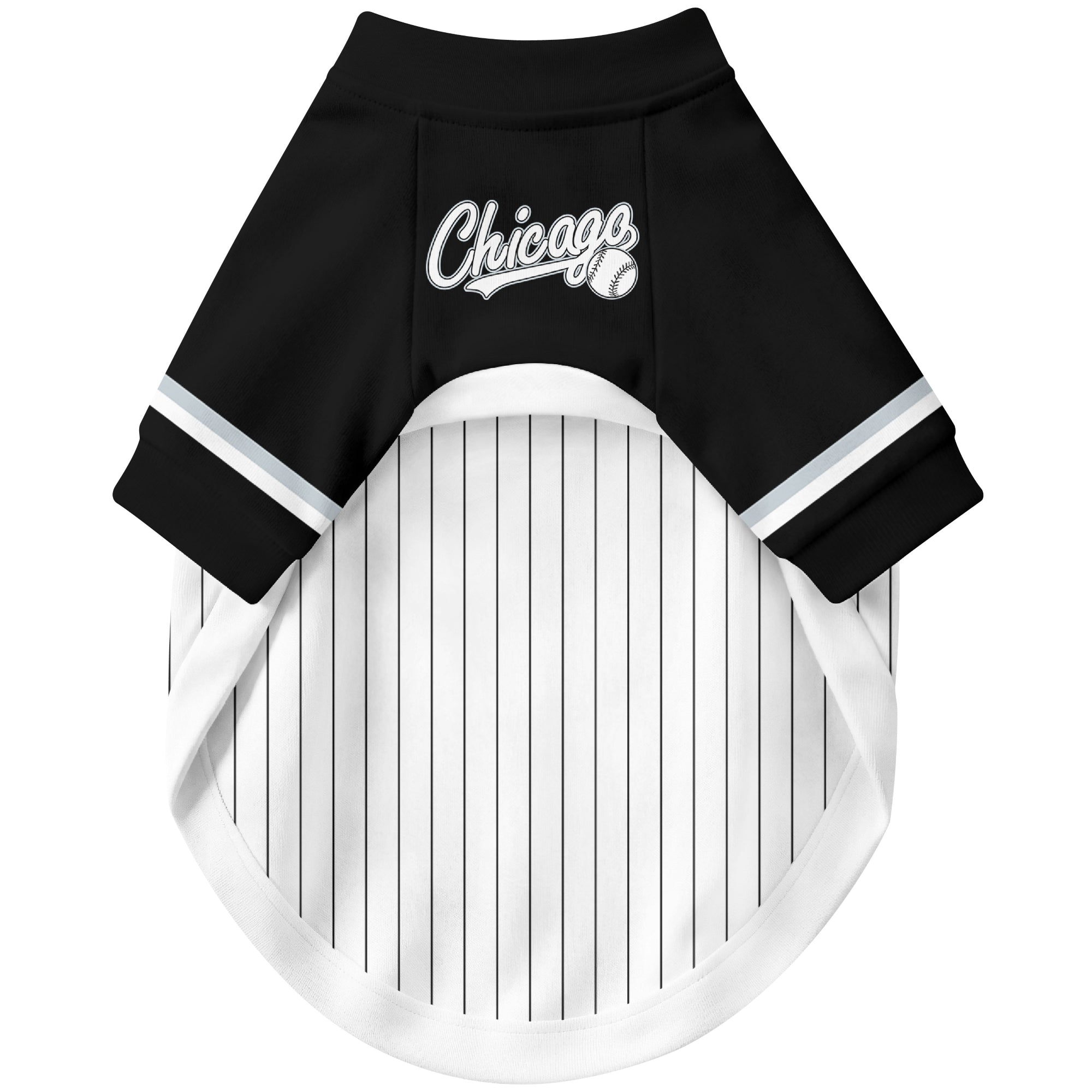Front view of custom baseball-style dog jersey in White and Black colors