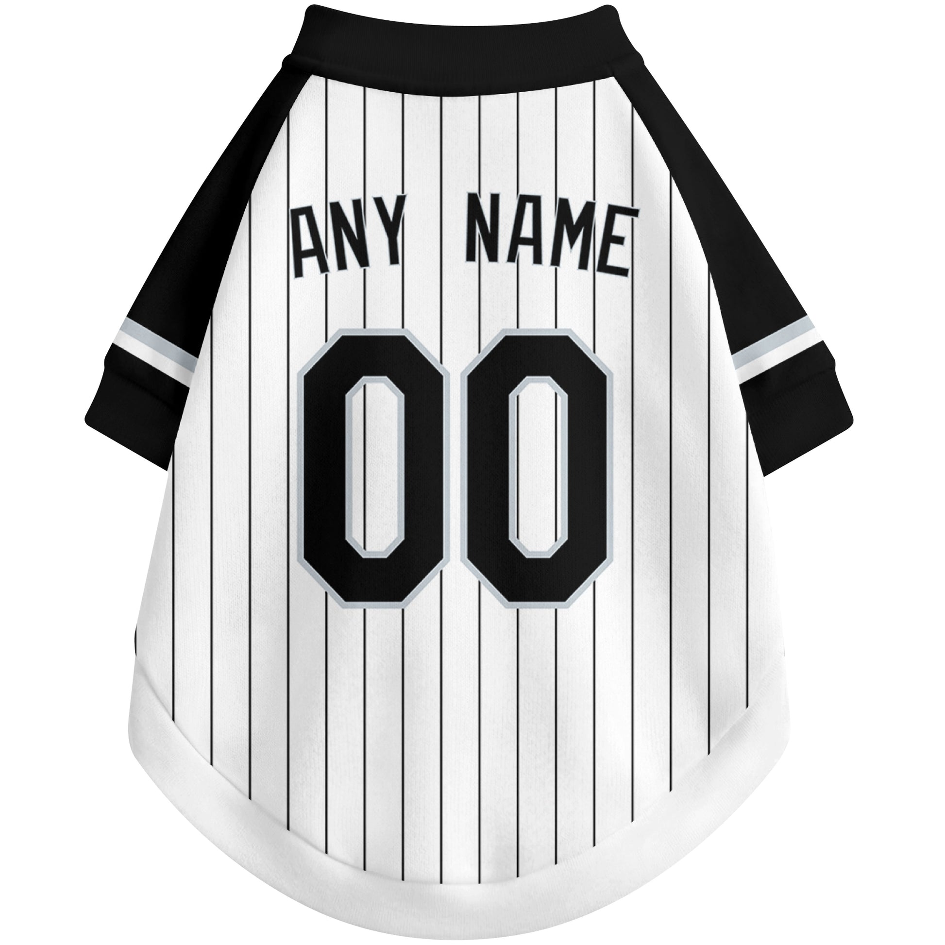 Back view of custom baseball-style dog jersey in White and Black colors with personalized name and number