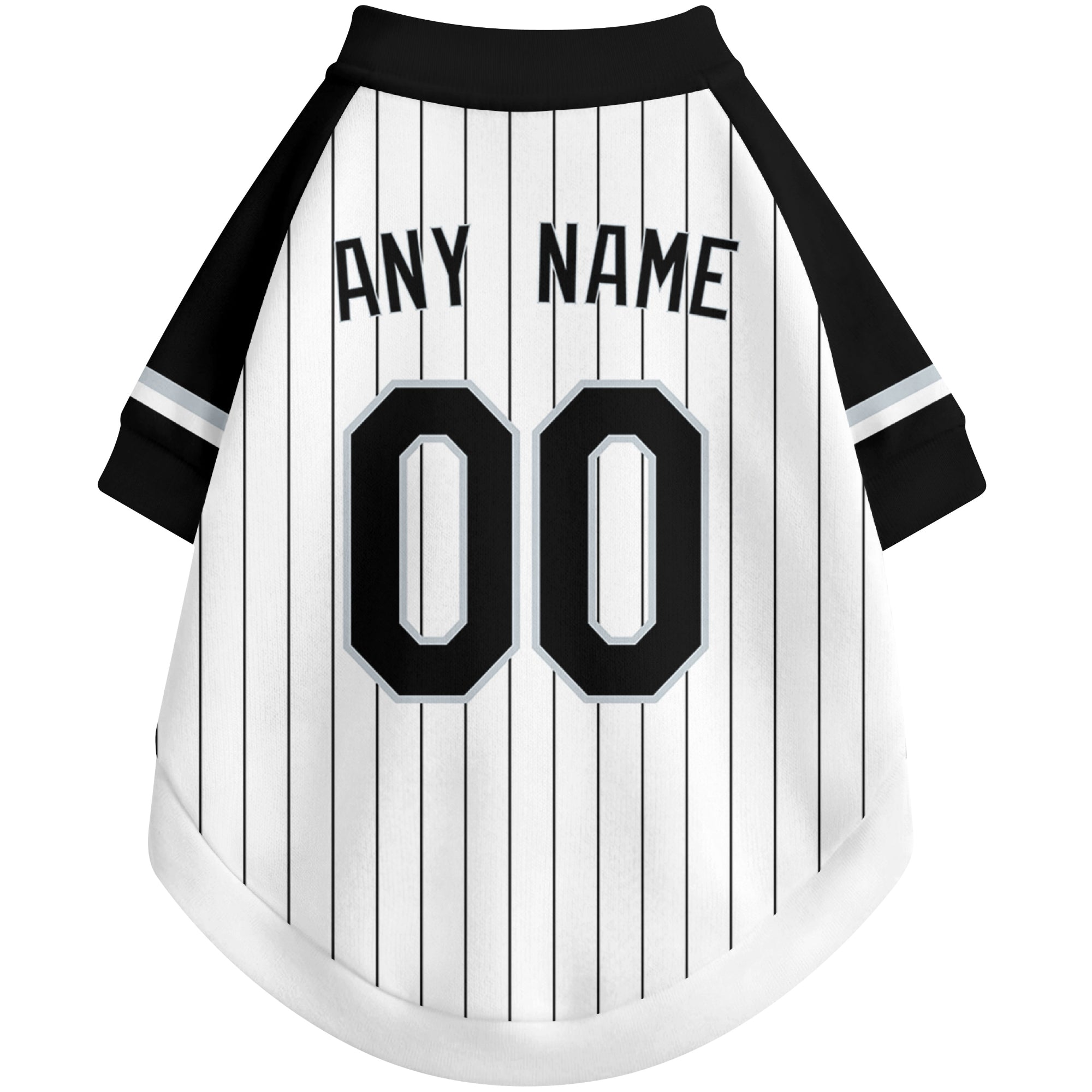 Back view of custom baseball-style dog jersey in White and Black colors with personalized name and number