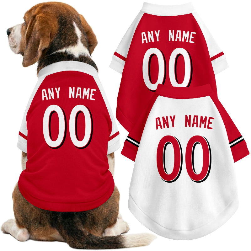 Dog wearing custom baseball-style jersey in Red and White colors with personalized name and number