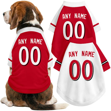 Dog wearing custom baseball-style jersey in Red and White colors with personalized name and number