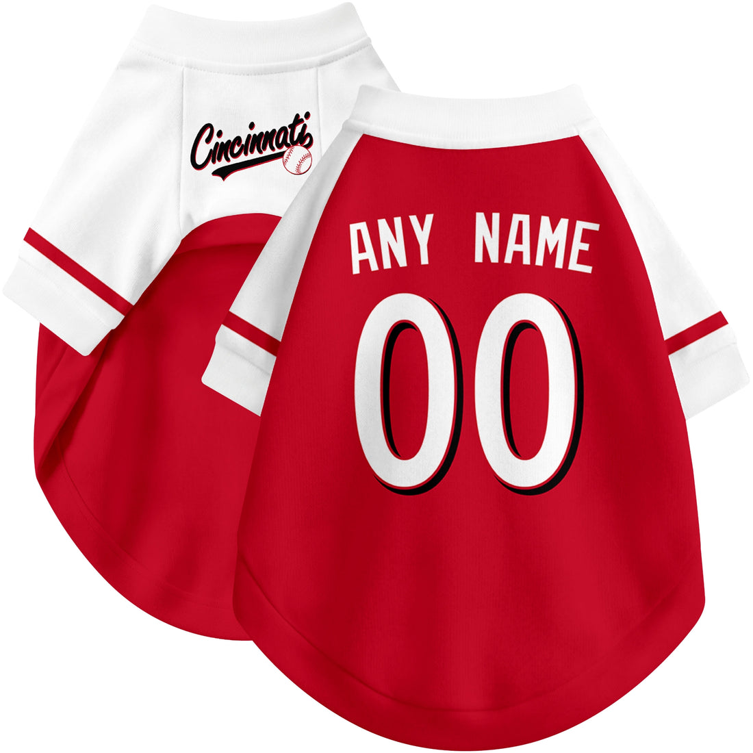 Dog wearing custom baseball-style jersey in Red and White colors with personalized name and number