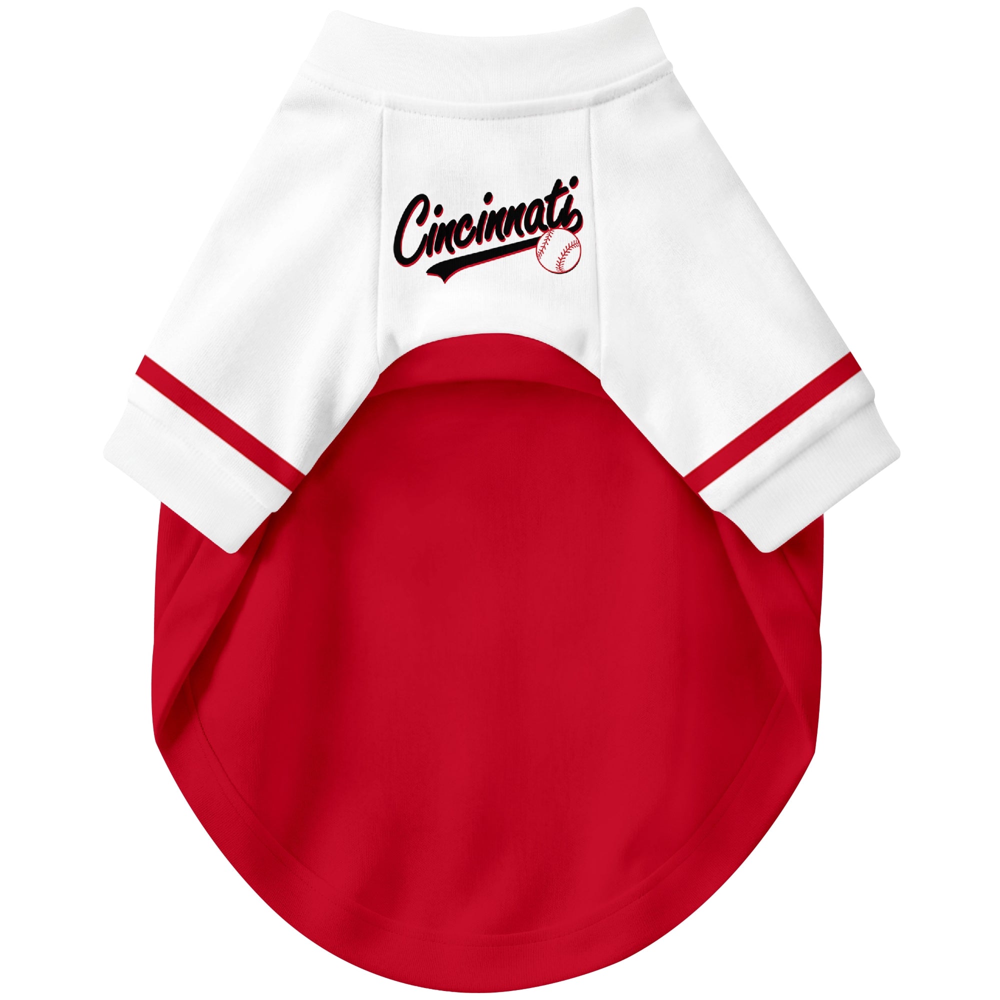 Front view of custom baseball-style dog jersey in Red and White colors