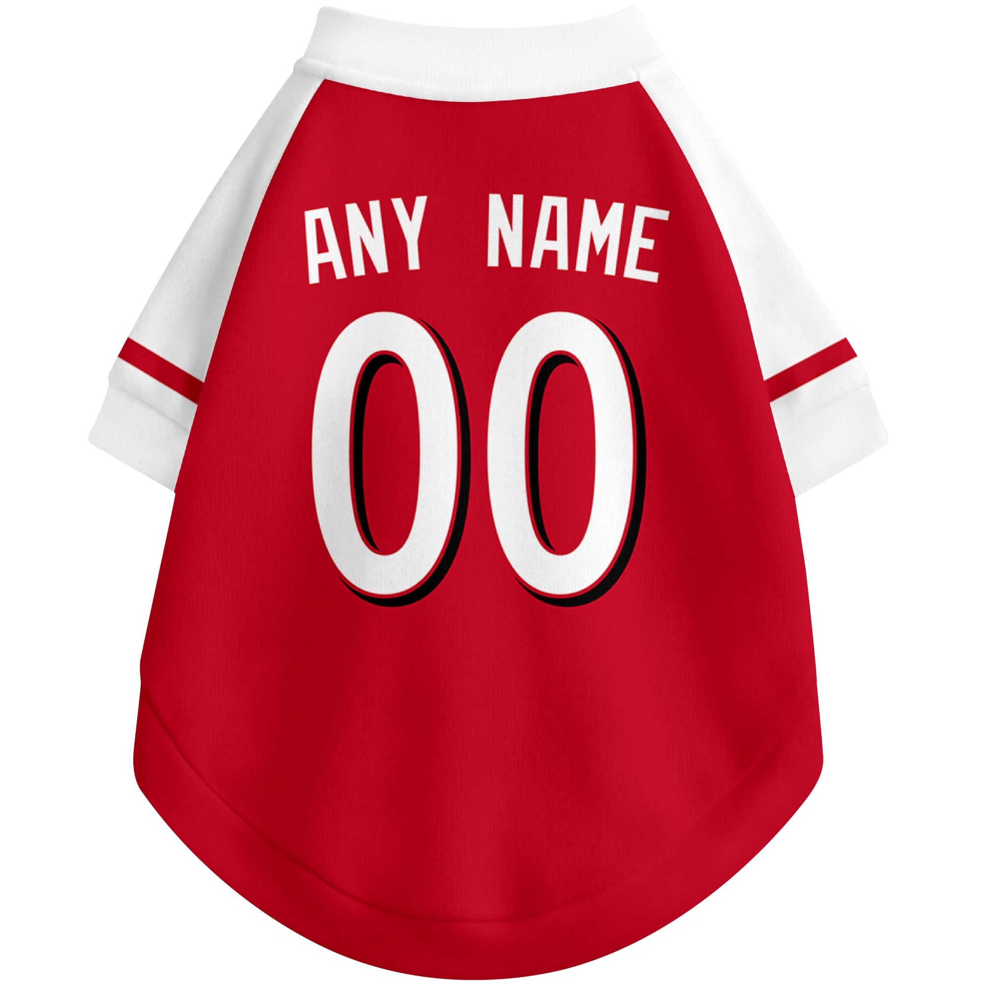 Back view of custom baseball-style dog jersey in Red and White colors with personalized name and number