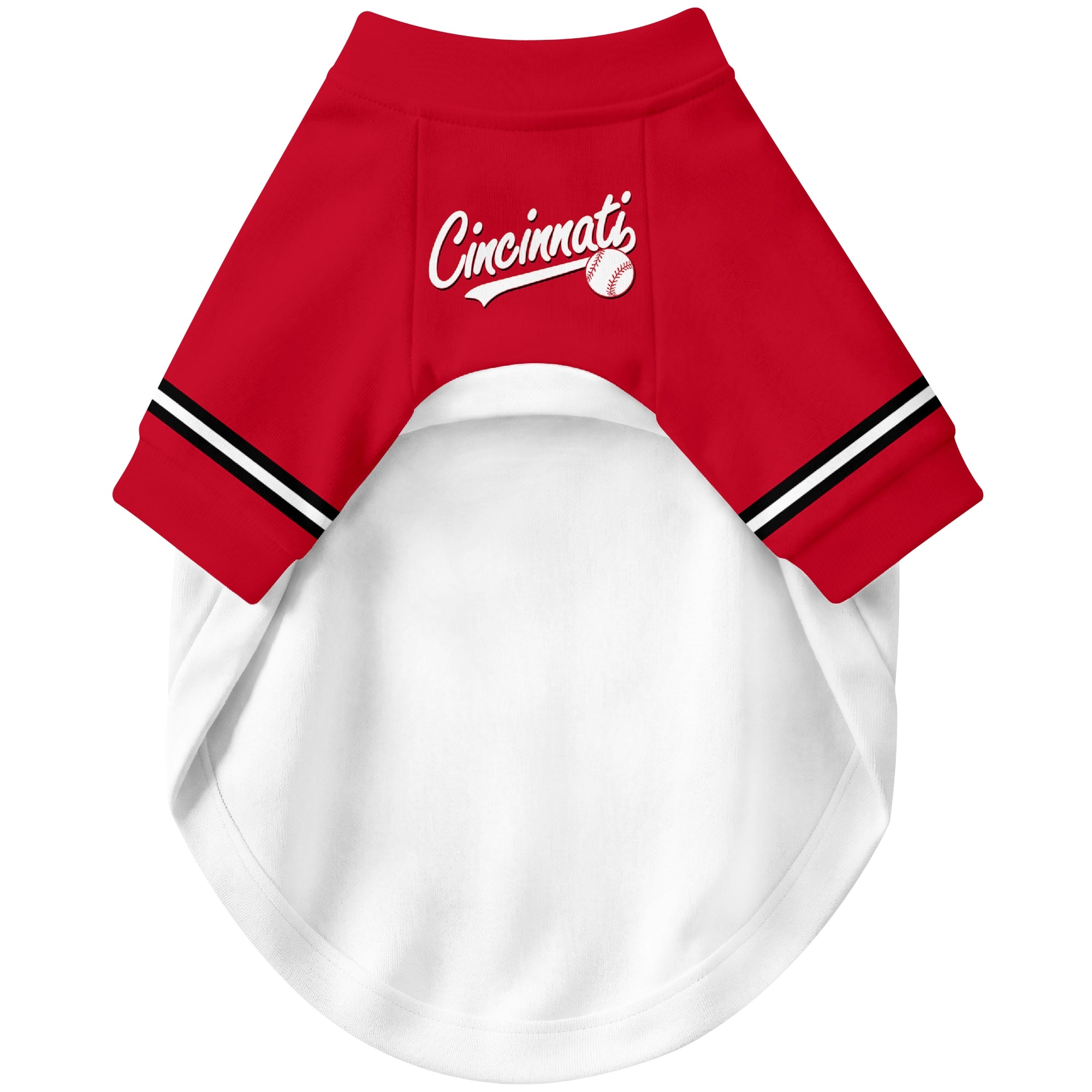 Front view of custom baseball-style dog jersey in White and Red colors