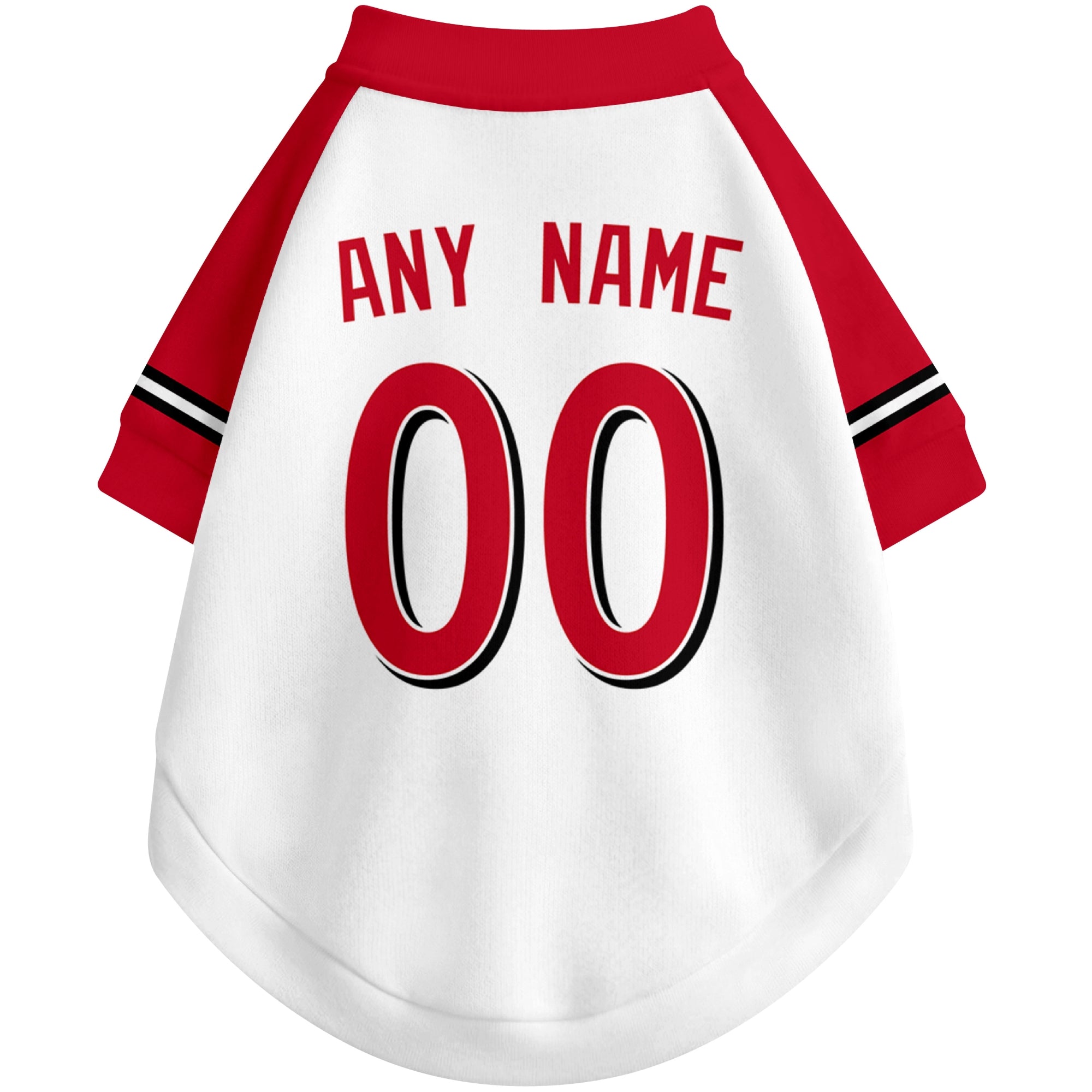 Back view of custom baseball-style dog jersey in White and Red colors with personalized name and number