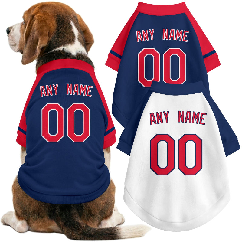 Dog wearing custom baseball-style jersey in Navy and White colors with personalized name and number