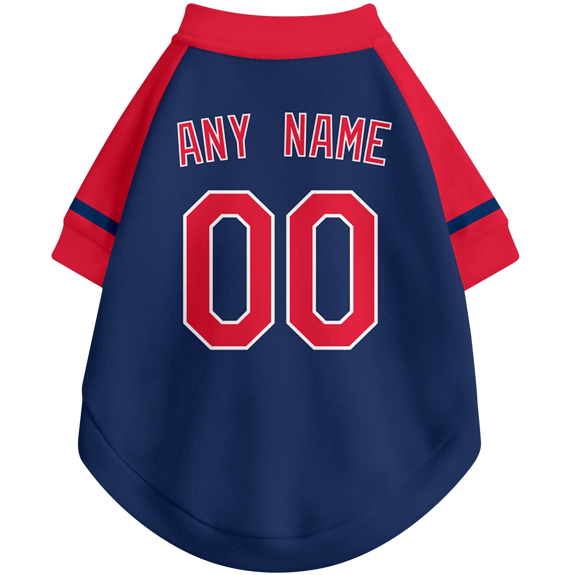 Back view of custom baseball-style dog jersey in Navy and White colors with personalized name and number