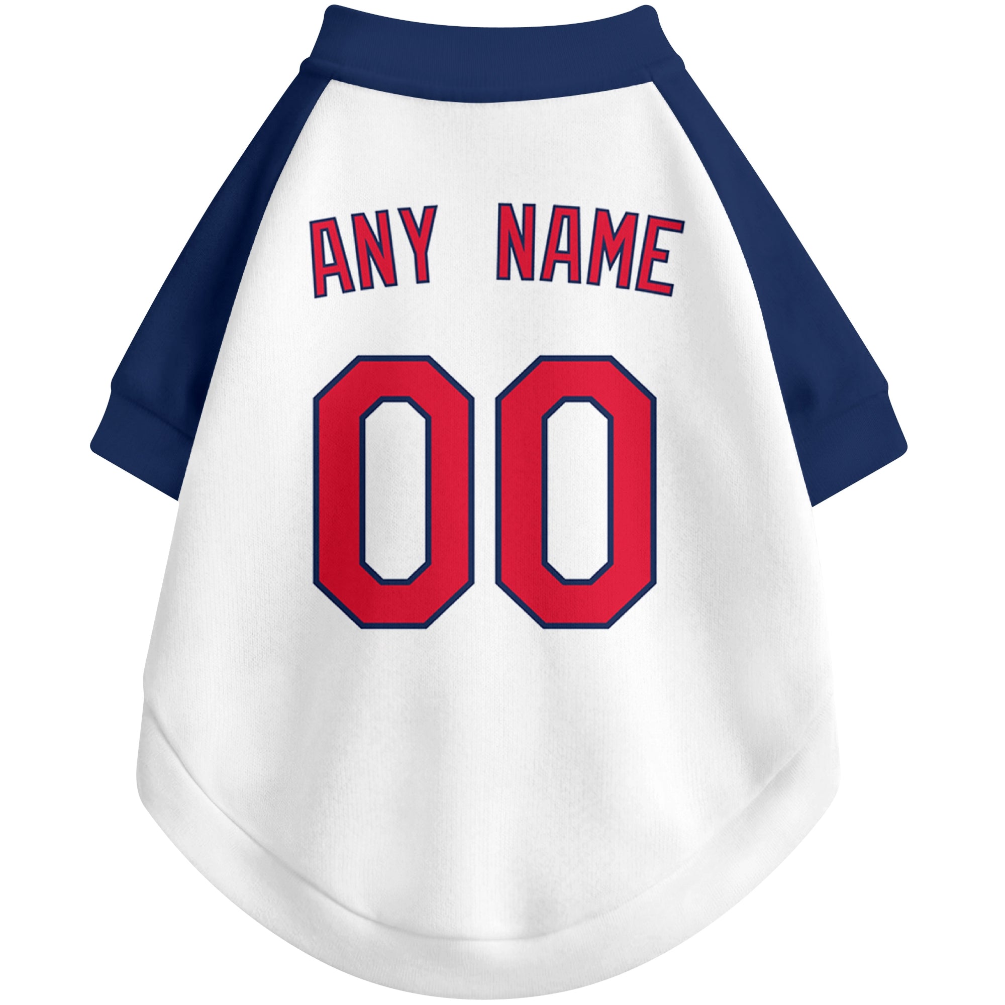 Back view of custom baseball-style dog jersey in White and Navy colors with personalized name and number
