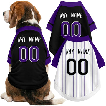 Dog wearing custom baseball-style jersey in Black and White colors with personalized name and number