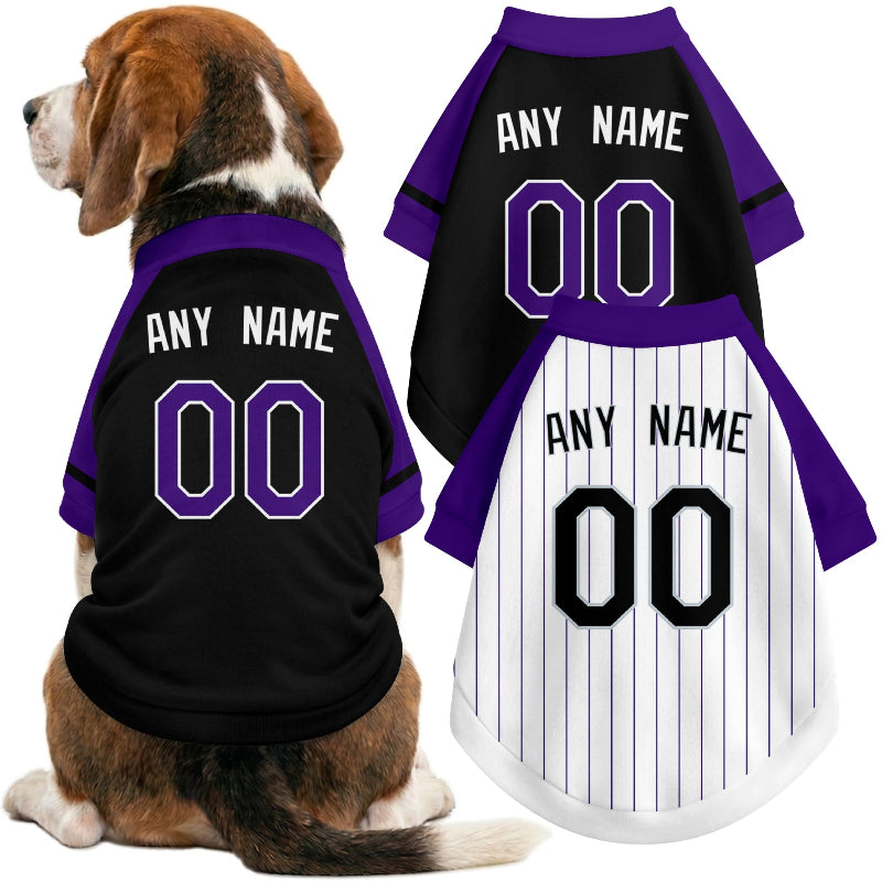 Dog wearing custom baseball-style jersey in Black and White colors with personalized name and number
