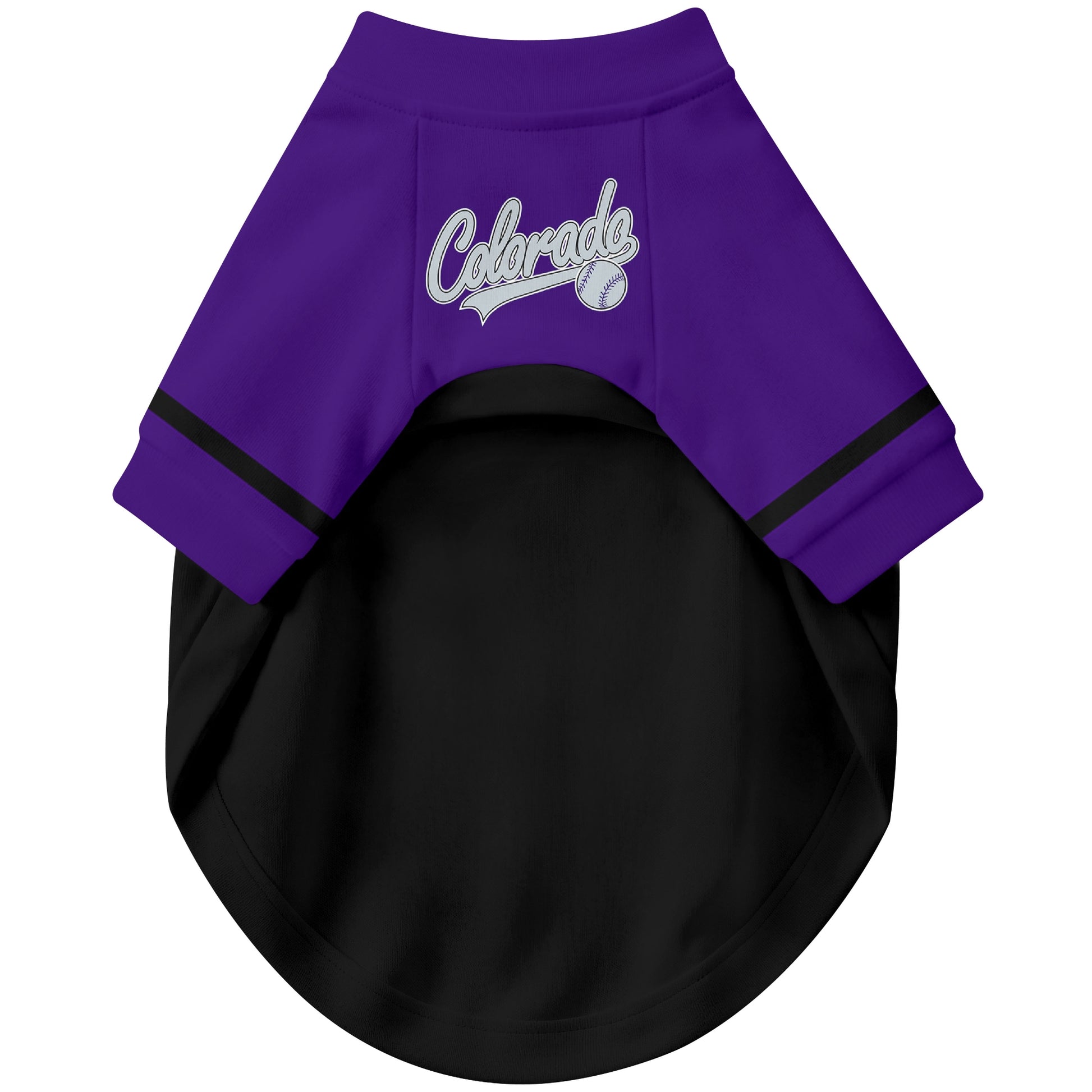 Front view of custom baseball-style dog jersey in Black and White colors