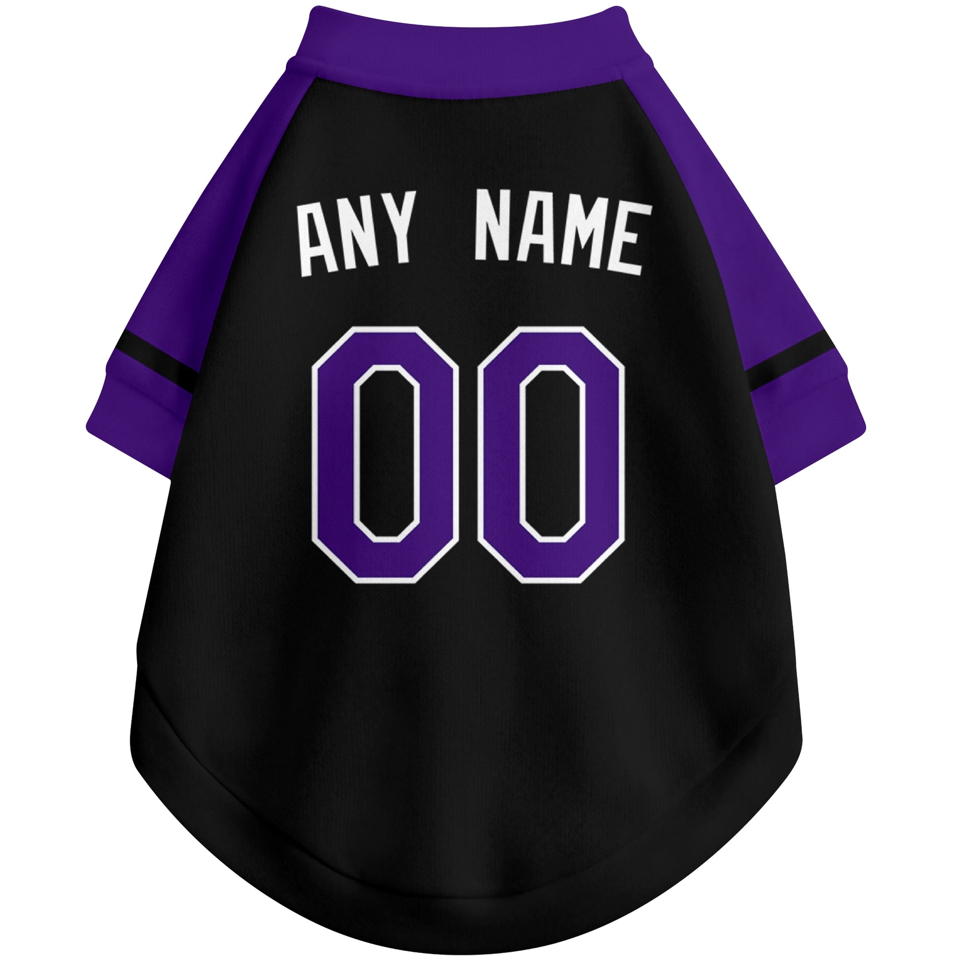 Back view of custom baseball-style dog jersey in Black and White colors with personalized name and number