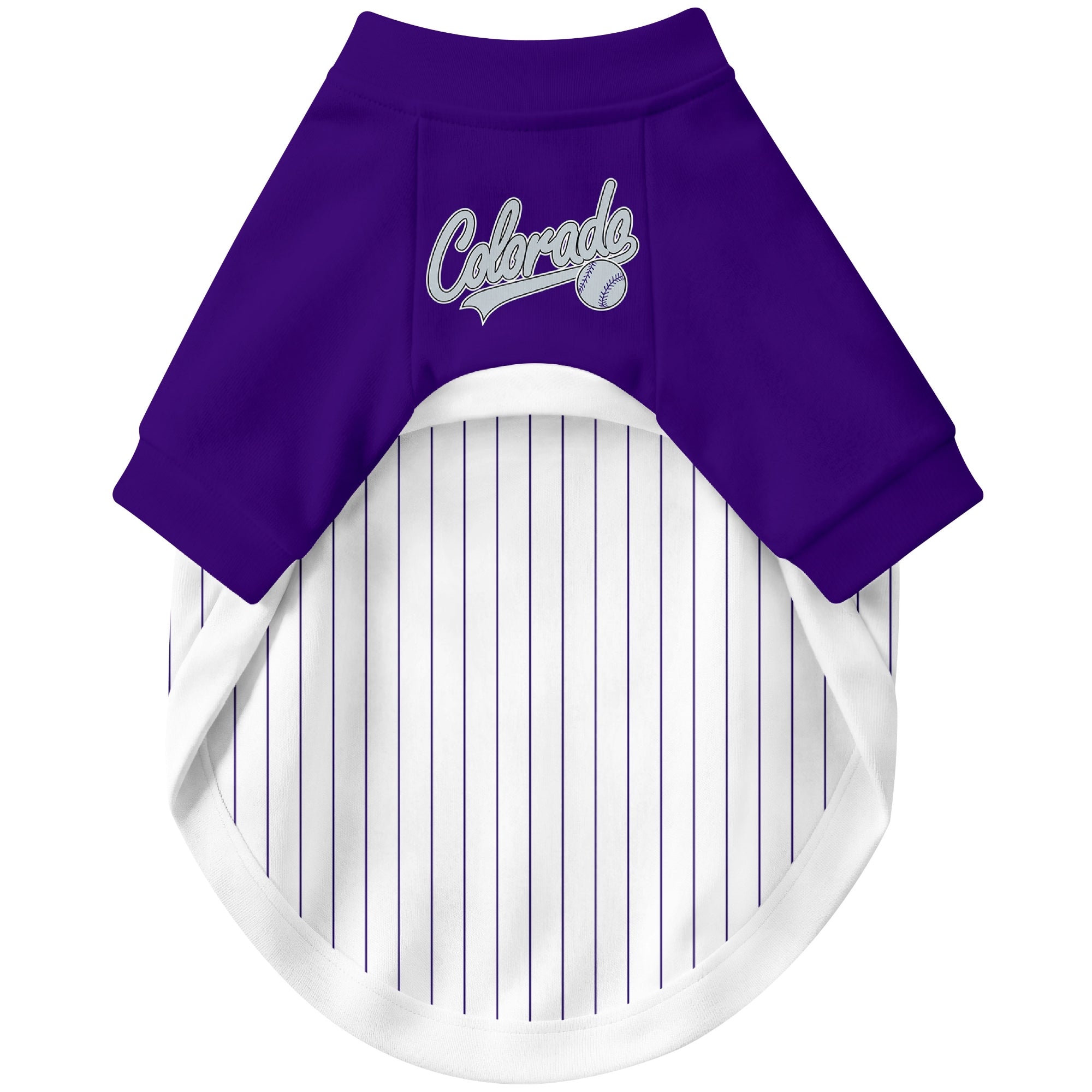 Front view of custom baseball-style dog jersey in White and Black colors