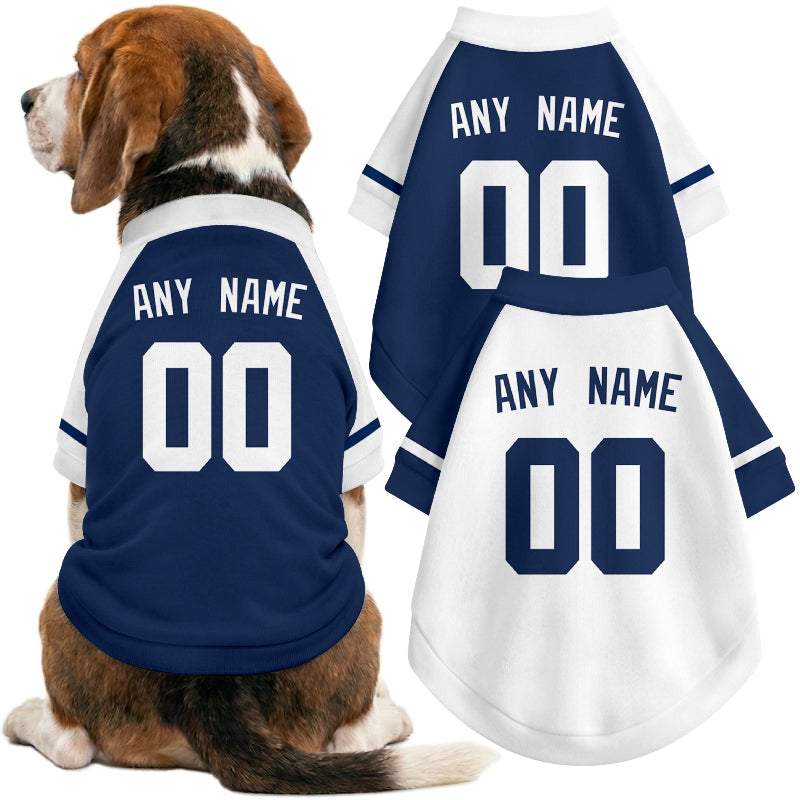 Dog wearing custom baseball-style jersey in Navy and White colors with personalized name and number