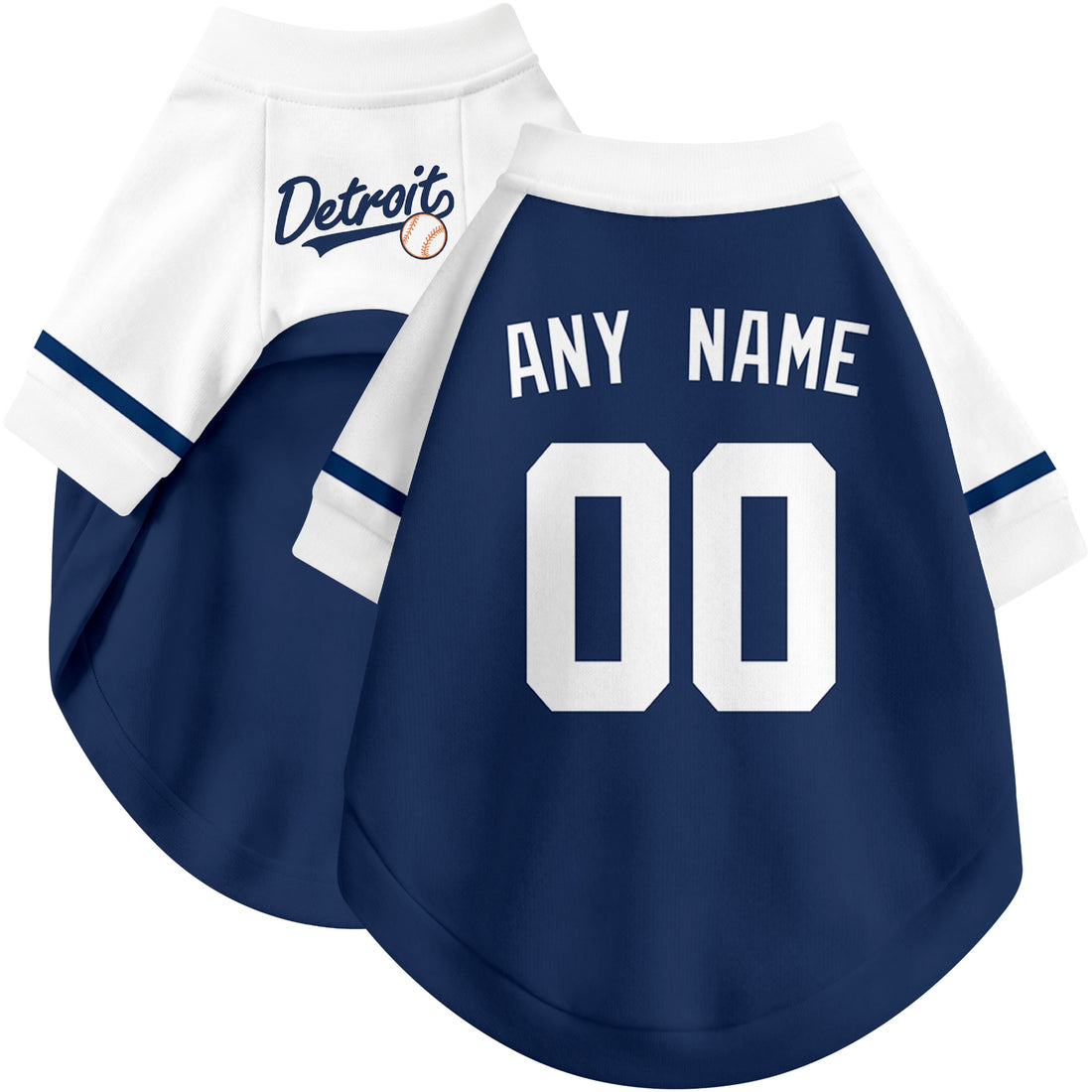 Dog wearing custom baseball-style jersey in Navy and White colors with personalized name and number