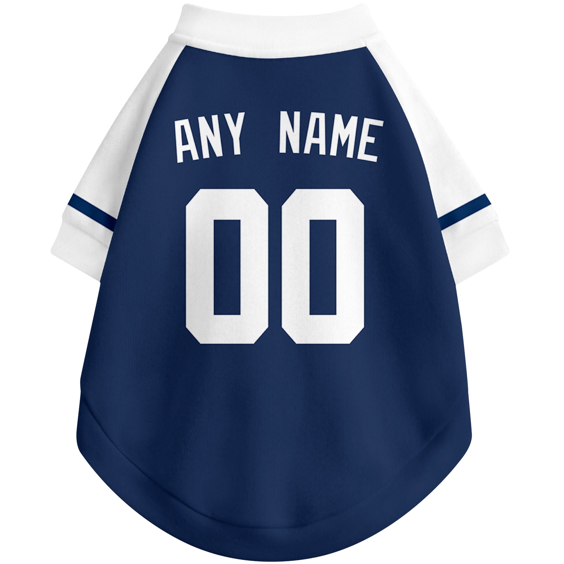 Back view of custom baseball-style dog jersey in Navy and White colors with personalized name and number