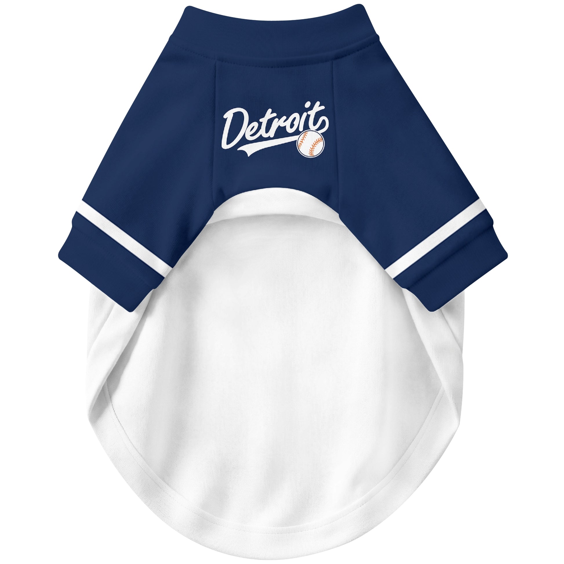Front view of custom baseball-style dog jersey in White and Navy colors