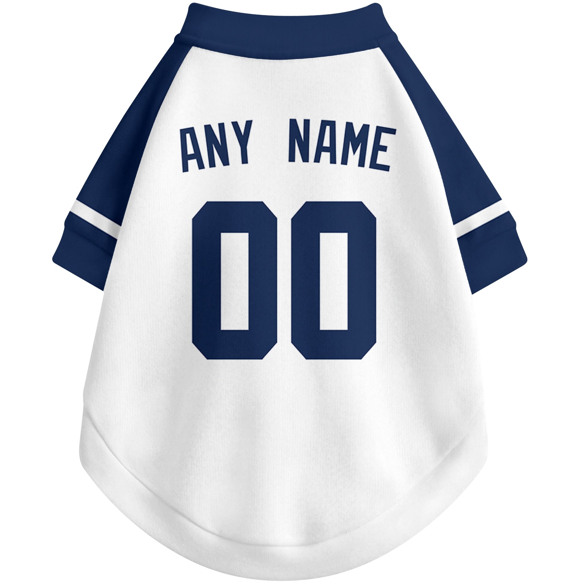 Back view of custom baseball-style dog jersey in White and Navy colors with personalized name and number