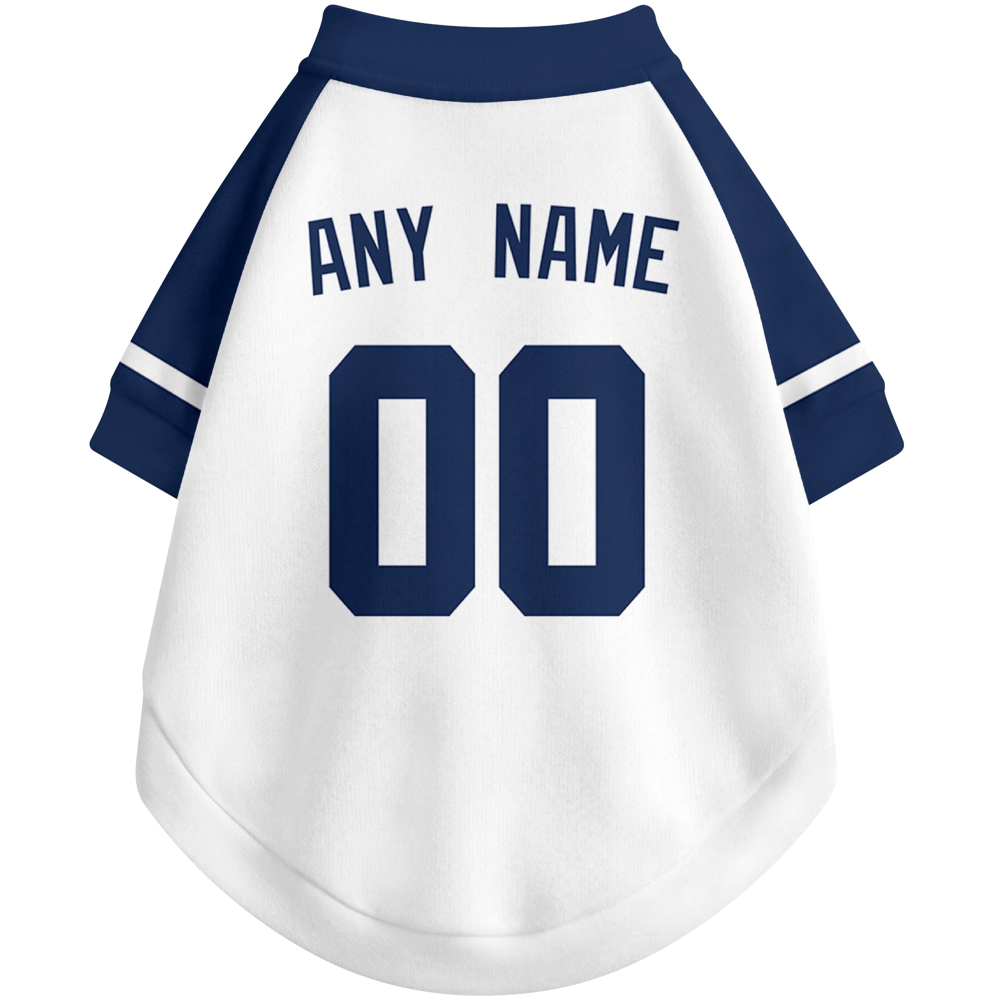 Back view of custom baseball-style dog jersey in White and Navy colors with personalized name and number