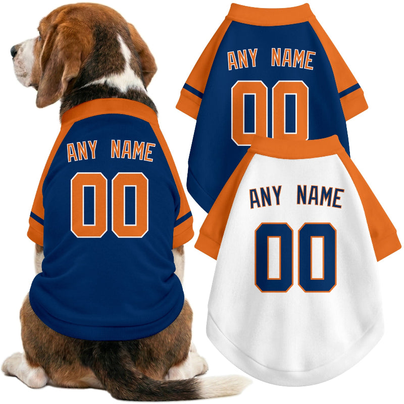 Dog wearing custom baseball-style jersey in Navy and White colors with personalized name and number