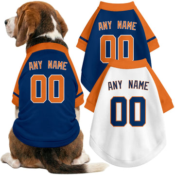 Dog wearing custom baseball-style jersey in Navy and White colors with personalized name and number