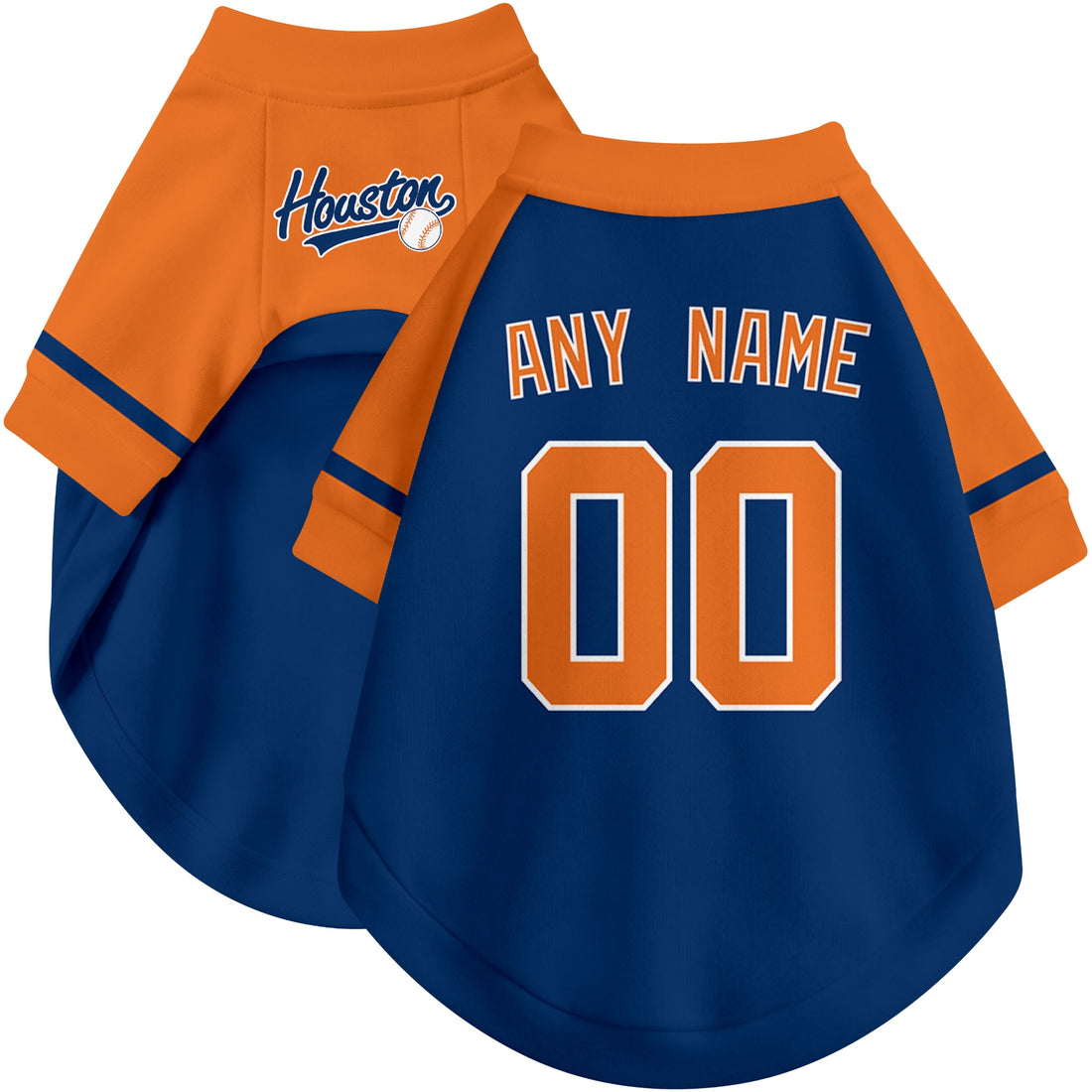 Dog wearing custom baseball-style jersey in Navy and White colors with personalized name and number