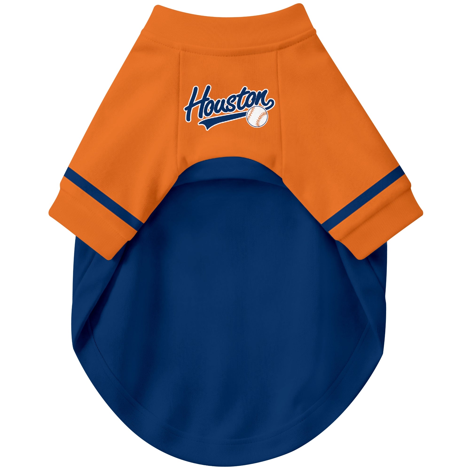 Front view of custom baseball-style dog jersey in Navy and White colors