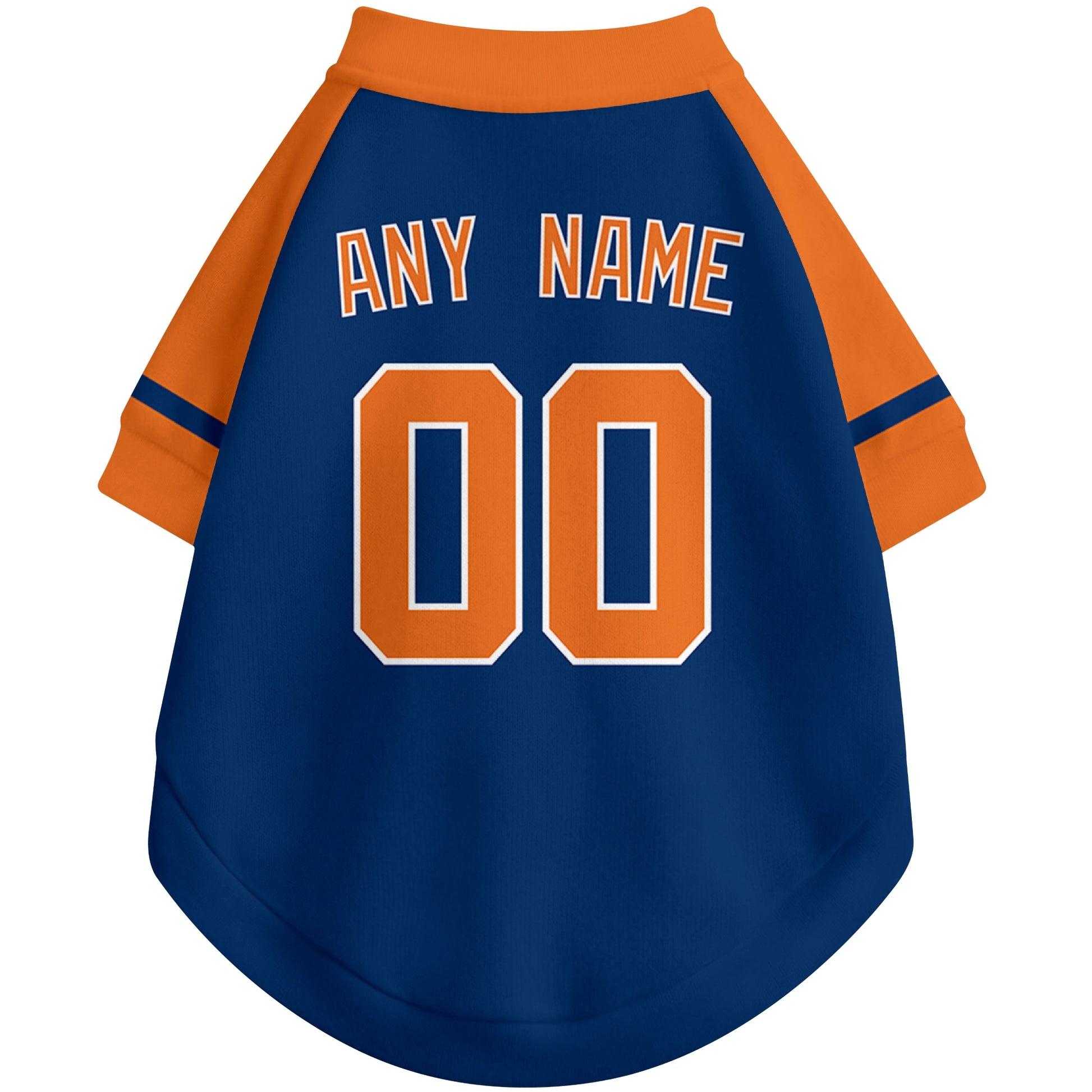 Back view of custom baseball-style dog jersey in Navy and White colors with personalized name and number