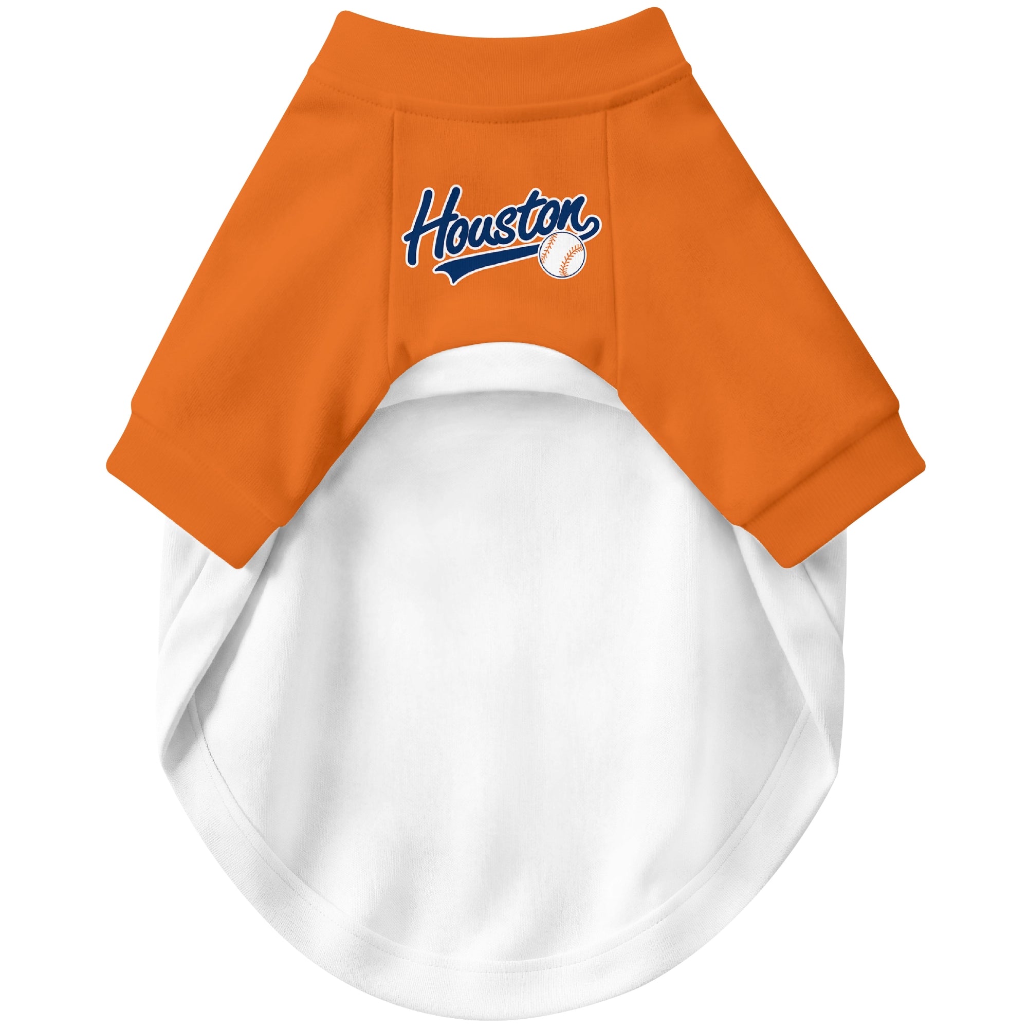 Front view of custom baseball-style dog jersey in White and Navy colors