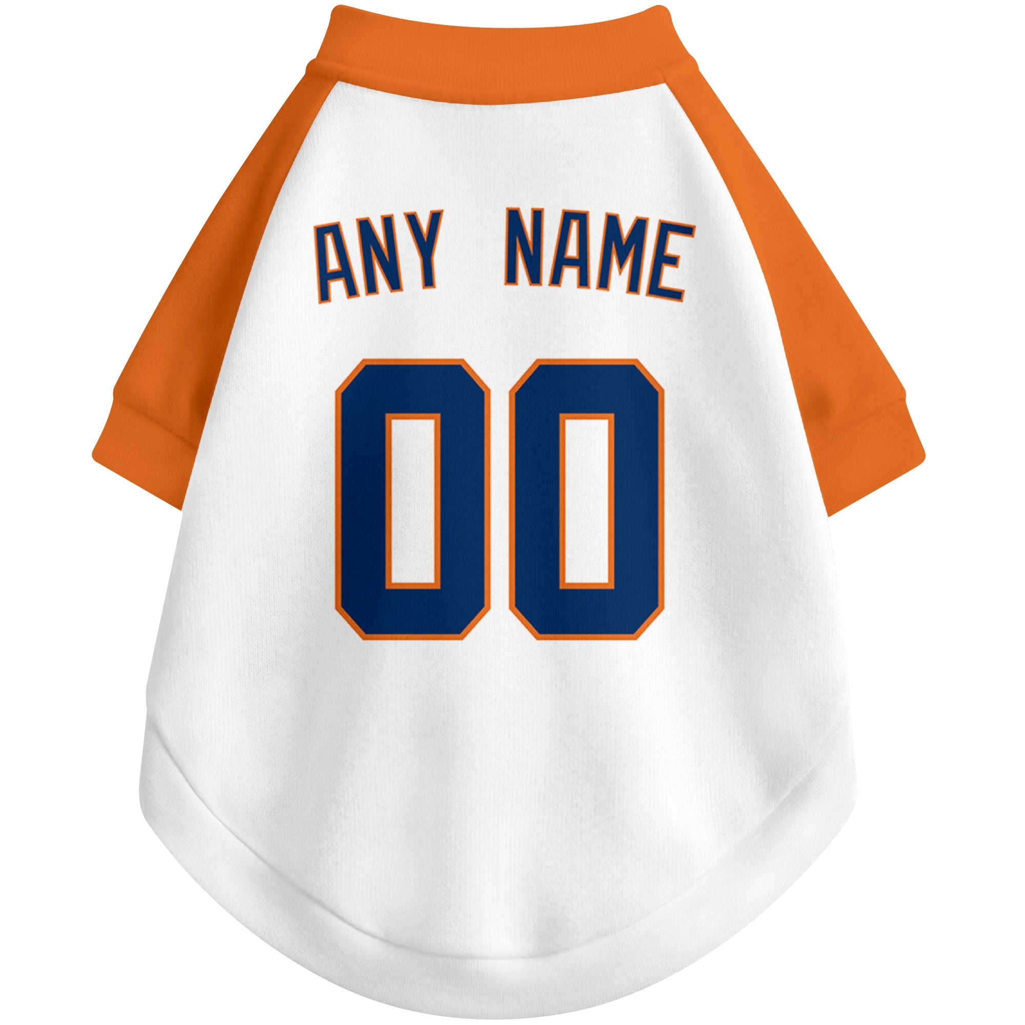 Back view of custom baseball-style dog jersey in White and Navy colors with personalized name and number