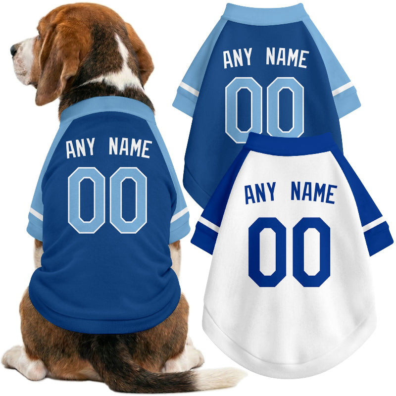 Dog wearing custom baseball-style jersey in Royal and White colors with personalized name and number