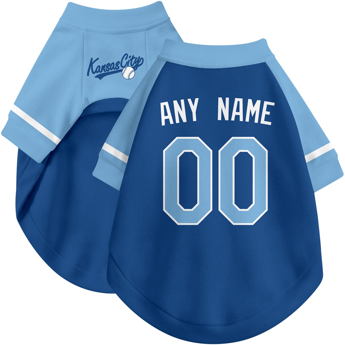 Dog wearing custom baseball-style jersey in Royal and White colors with personalized name and number