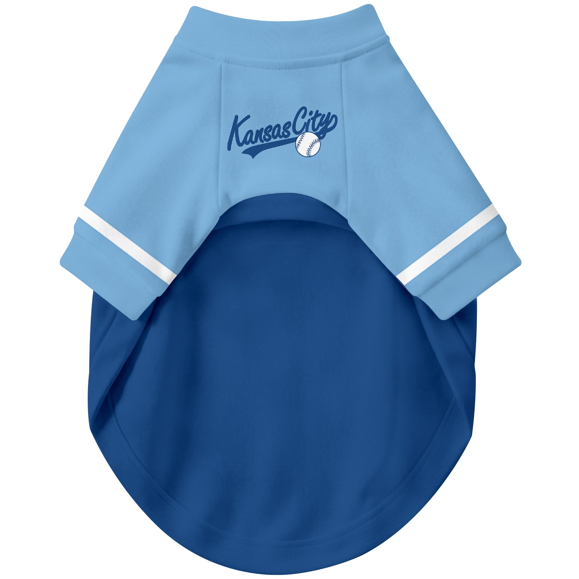 Front view of custom baseball-style dog jersey in Royal and White colors