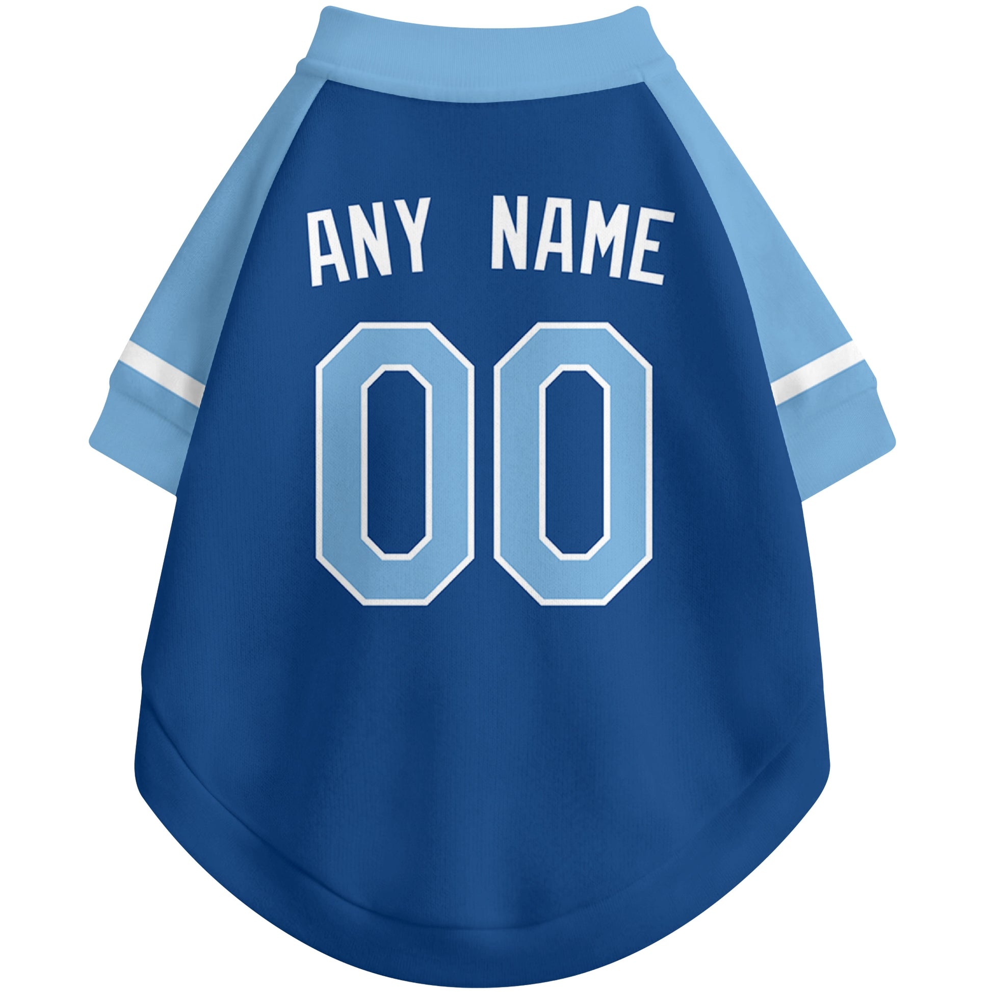 Back view of custom baseball-style dog jersey in Royal and White colors with personalized name and number
