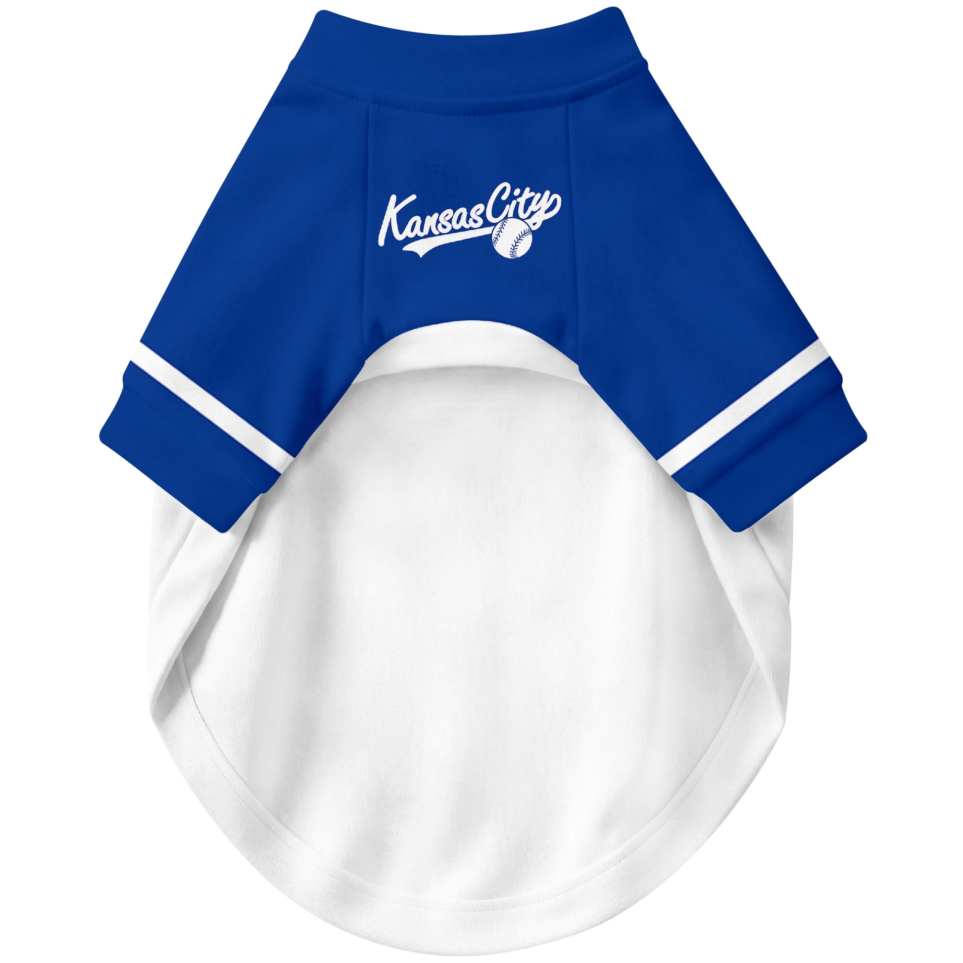 Front view of custom baseball-style dog jersey in White and Royal colors