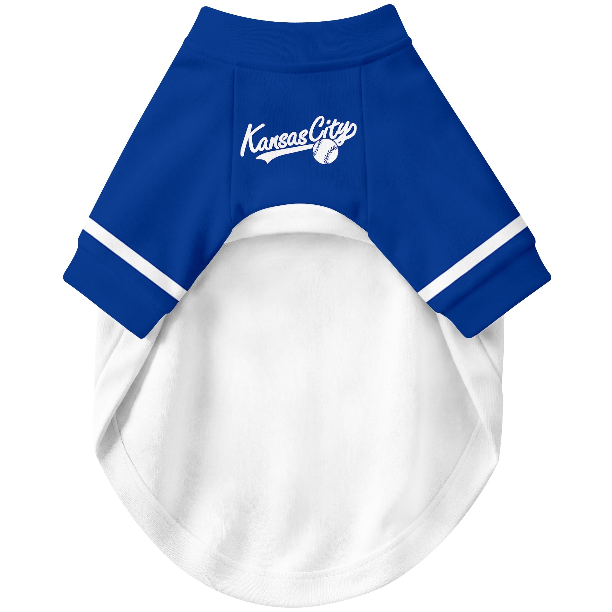 Front view of custom baseball-style dog jersey in White and Royal colors