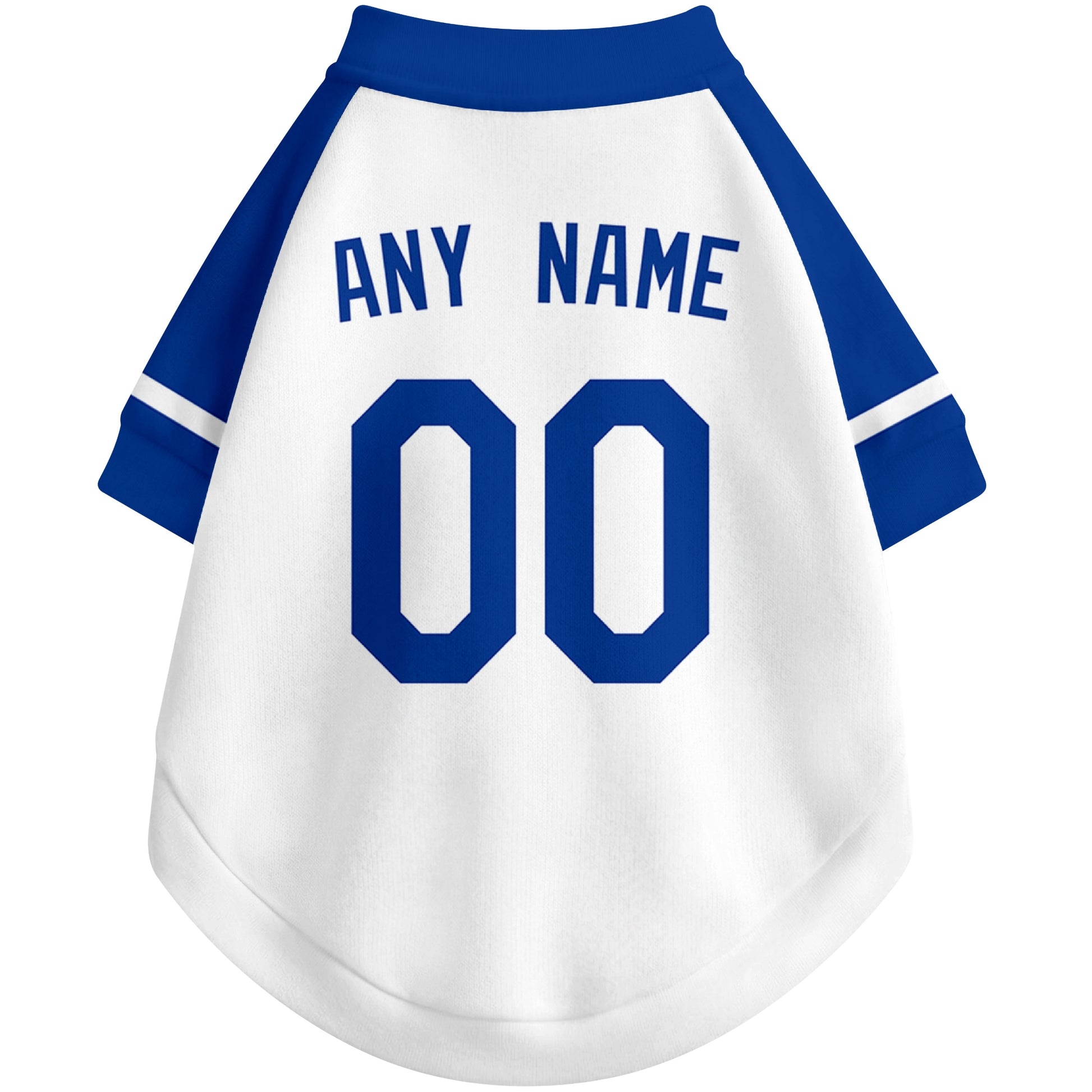 Back view of custom baseball-style dog jersey in White and Royal colors with personalized name and number